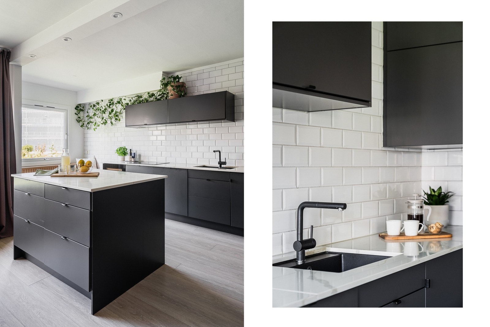 Mellom kjøkkenet og stuen er det en stor kjøkkenøy som byr på mye ekstra skap- og benkeplass. Galleribilde