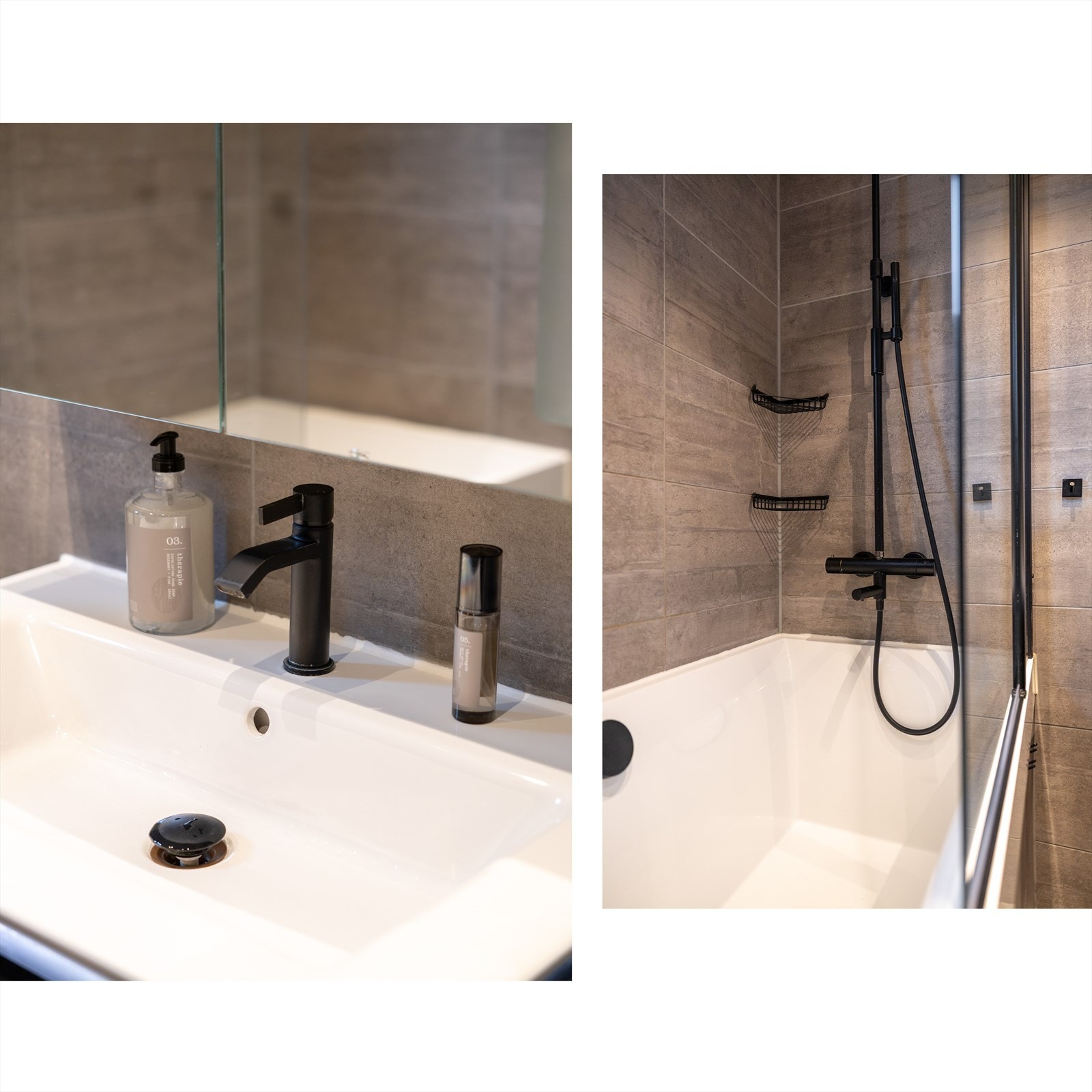 Baderommet er utstyrt med servant med innredning, dusj i badekar, veggfestet klosett og veggskap med speilfronter og belysning over servant Galleribilde