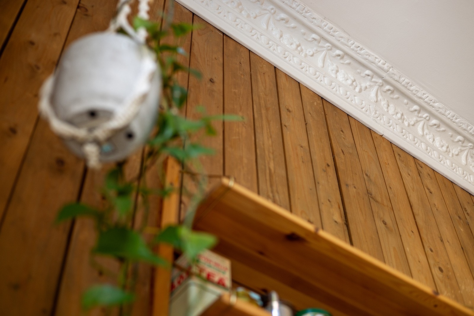 Klassiske detaljer som stukkatur og trepanel på vegg. Galleribilde