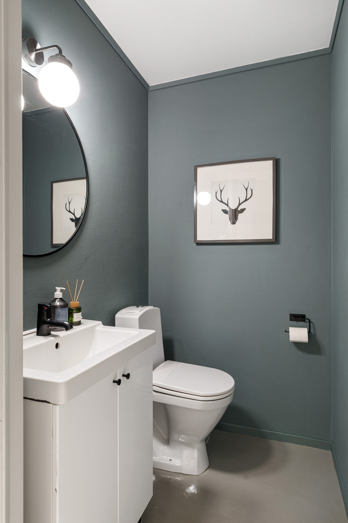 Toalett ved entre med wc, speil og servant. Galleribilde