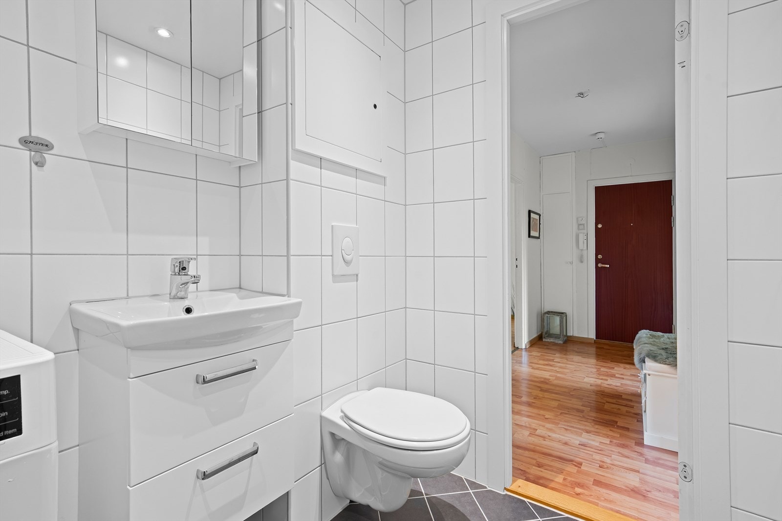Videre har badet veggfestet klosett. Galleribilde