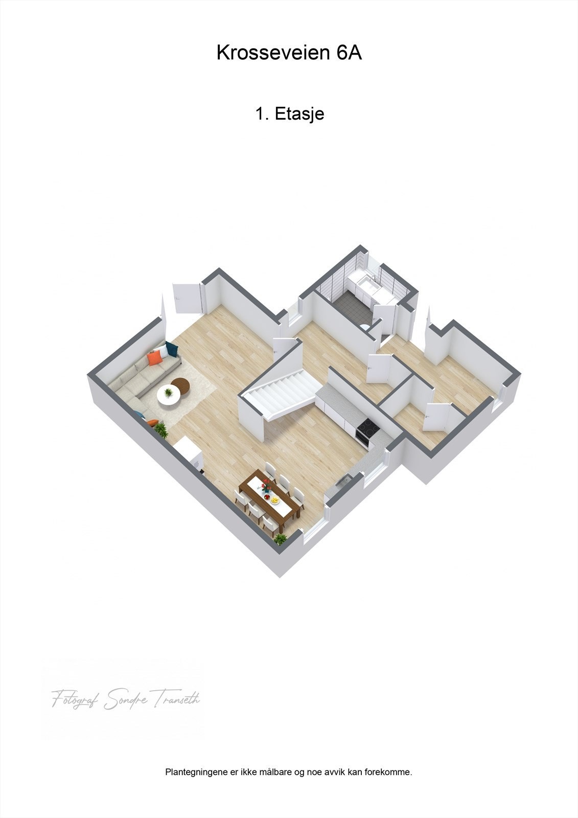Planløsning 1.etg.: entre/gang, innvendig bod, toalettrom/vaskerom, samt en større åpen stue/kjøkkenløsning. Galleribilde