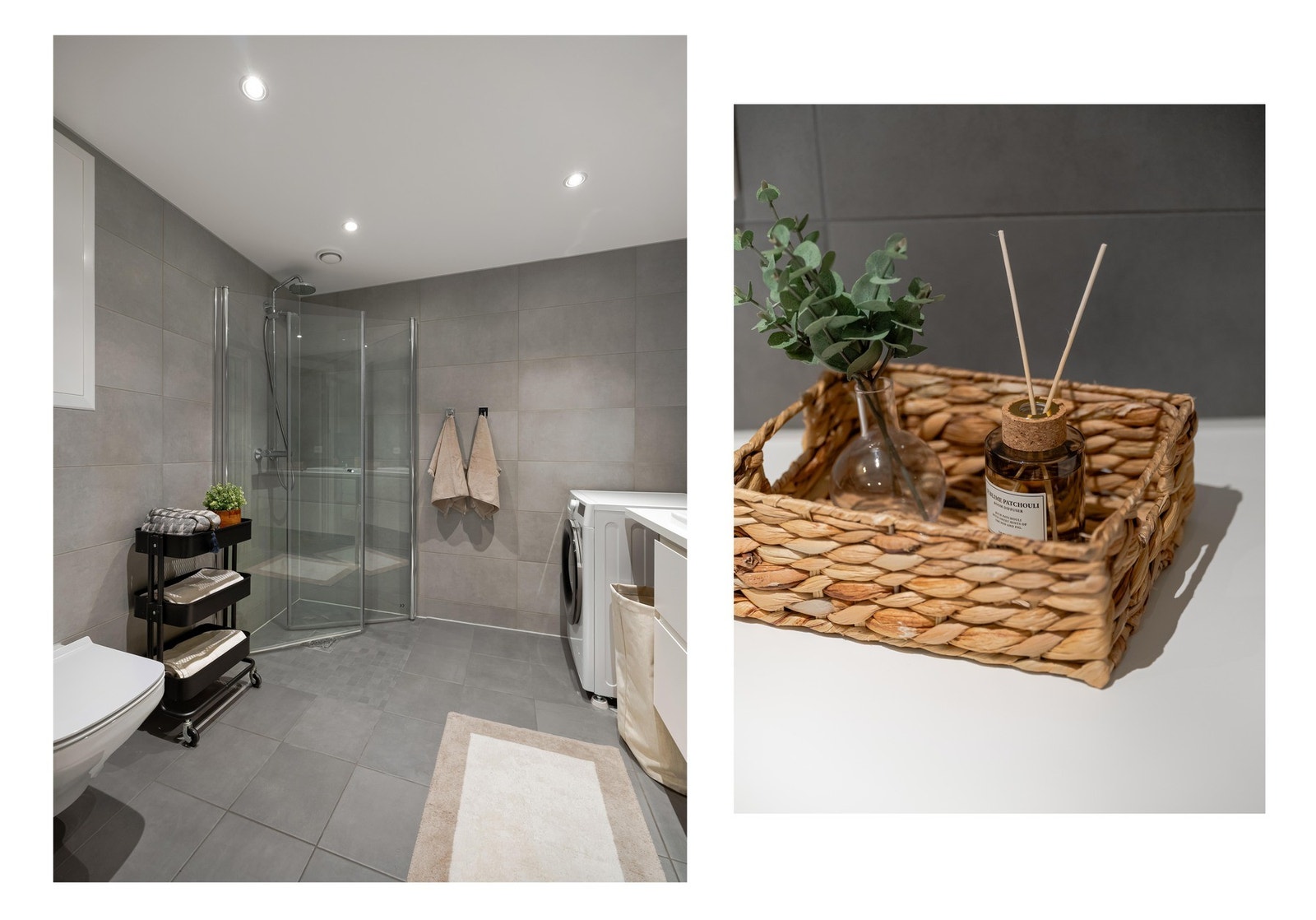 Det er innredet med innfellbare glassdører i dusjsonen, toalett, servantskap med skuffer og speilskap på vegg. Plass og opplegg til vaskemaskin og tørketrommel. Galleribilde