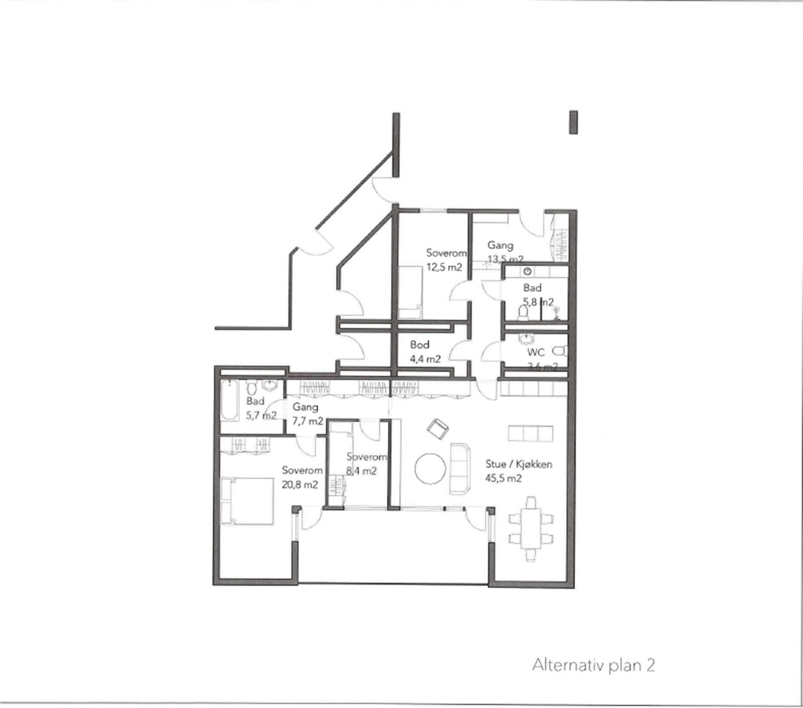 Planløsningsforslag 2.med åpen stue/kjøkken løsning, ekstra soverom i stuen og en delt løsning mellom bad og toalett i hallen Galleribilde