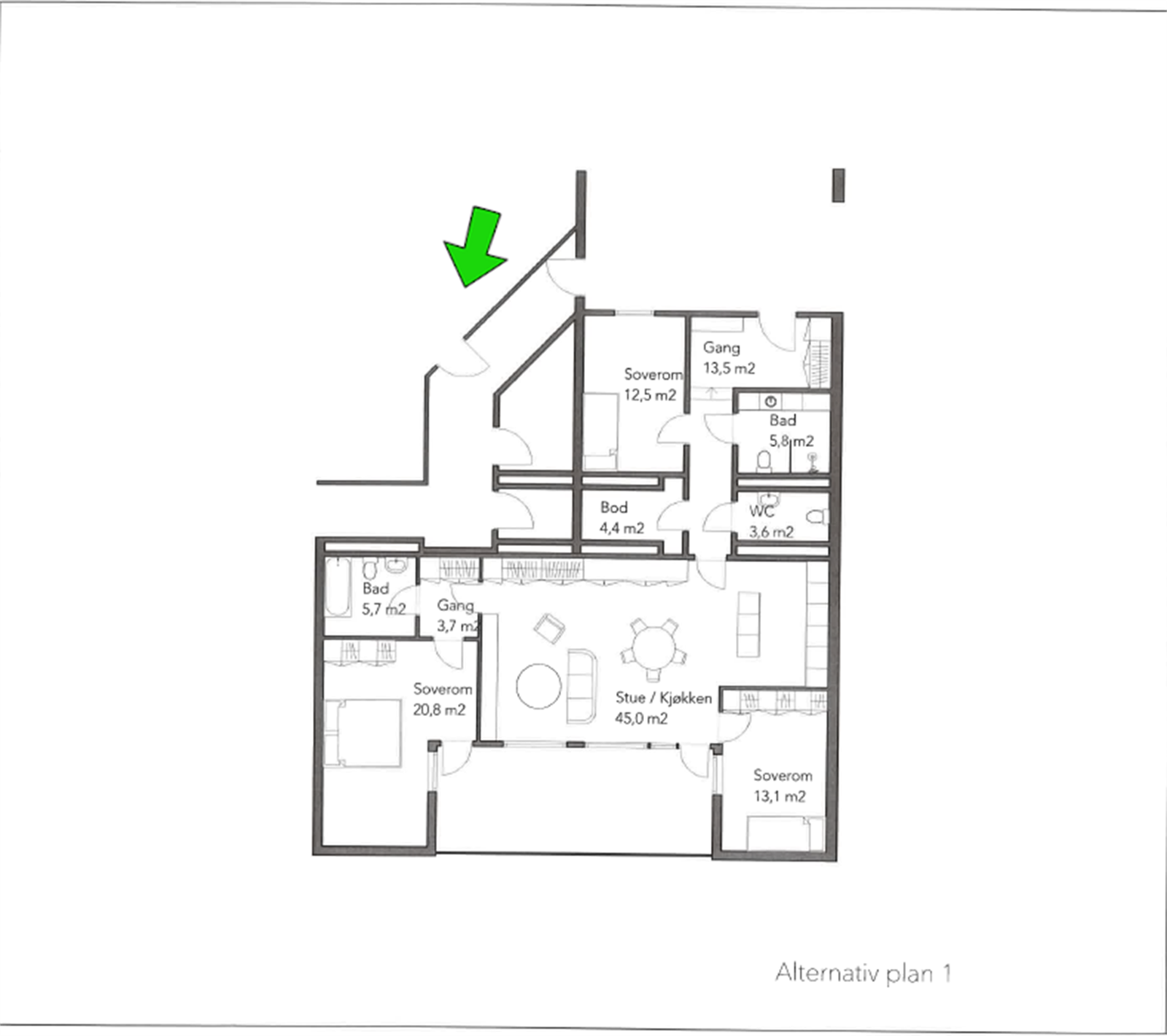 Planløsningsforslag 1.med åpen stue/kjøkken løsning, esktra soverom i stuen og en delt løsning mellom bad og toalett i hallen. Pilen viser hvor den eksterne bodens plassering Galleribilde