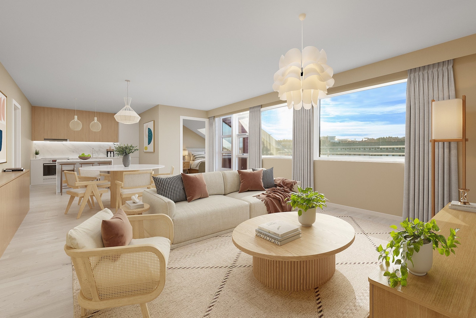 Digital møblering av kjøkken/stue, med forslag om å fjerne vegg mellom kjøkken og stue for en åpen løsning. Det er også foreslått å etablere soverom i en del av stuen Galleribilde