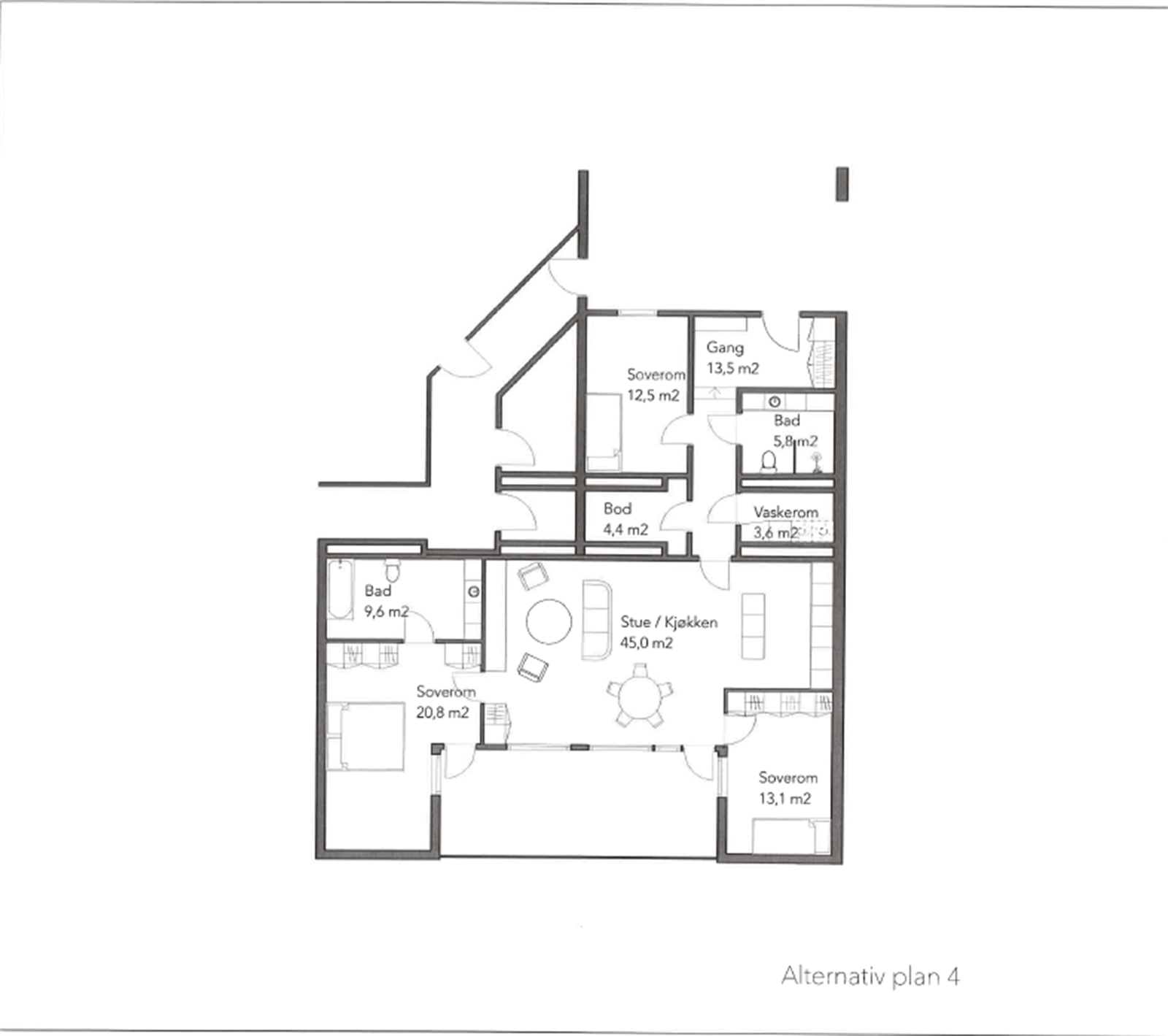 Planløsningsforslag 4.med åpen stue/kjøkken løsning, ekstra soverom i stuen og en delt løsning mellom bad og vaskerom i hallen, samt at badet ved hovedsoverommet er utvidet Galleribilde
