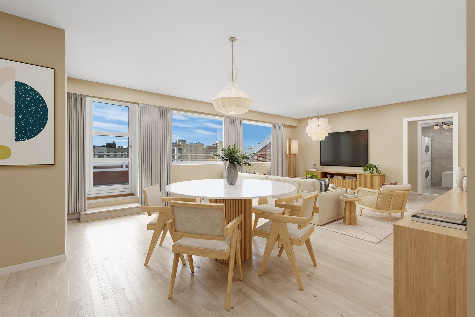 Forslag til planløsning og møblering av stuen. Her er det satt opp vegg i stuen til venstre i bildet, for å få et ekstra soverom. Det er også åpnet mellom stue og kjøkken Galleribilde