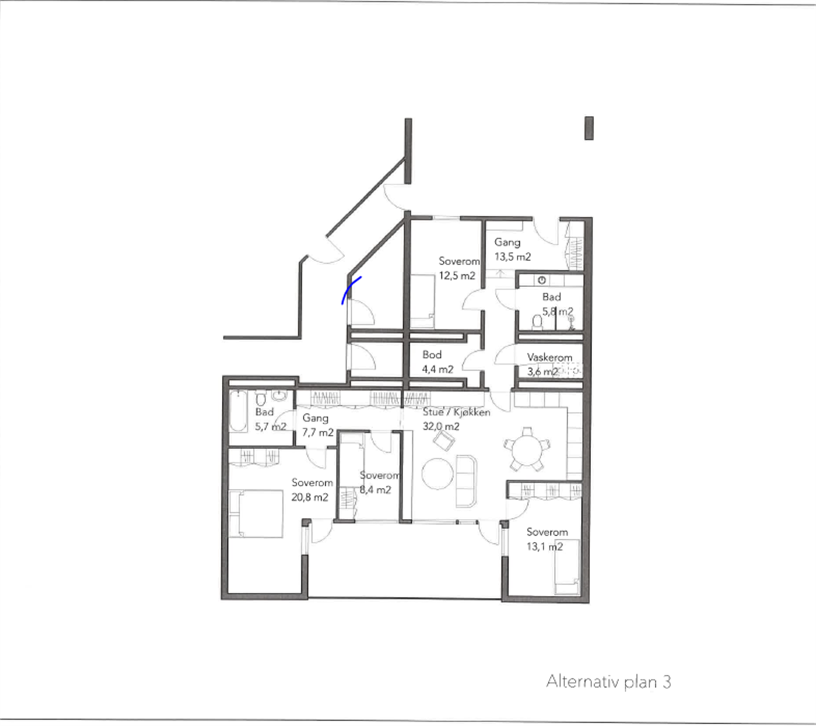 Planløsningsforslag 3.med åpen stue/kjøkken løsning, 2 ekstra soverom i stuen og en delt løsning mellom bad og vaskerom i hallen Galleribilde