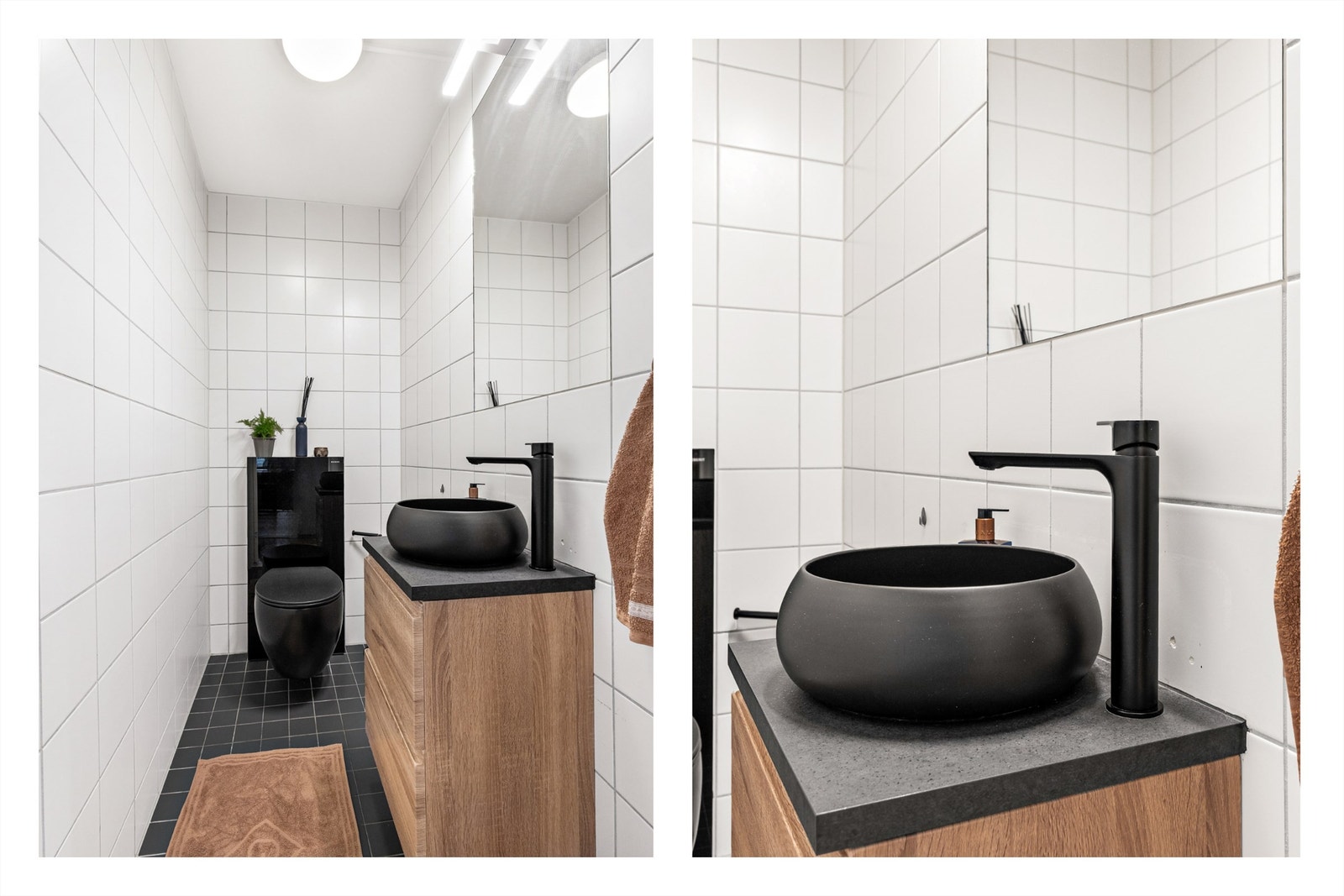 Boligen har også et praktisk toalettrom som er flislagt på gulv og vegger, innredet med vegghengt toalett, servant på innredning og vegghengt speil med lys. Galleribilde