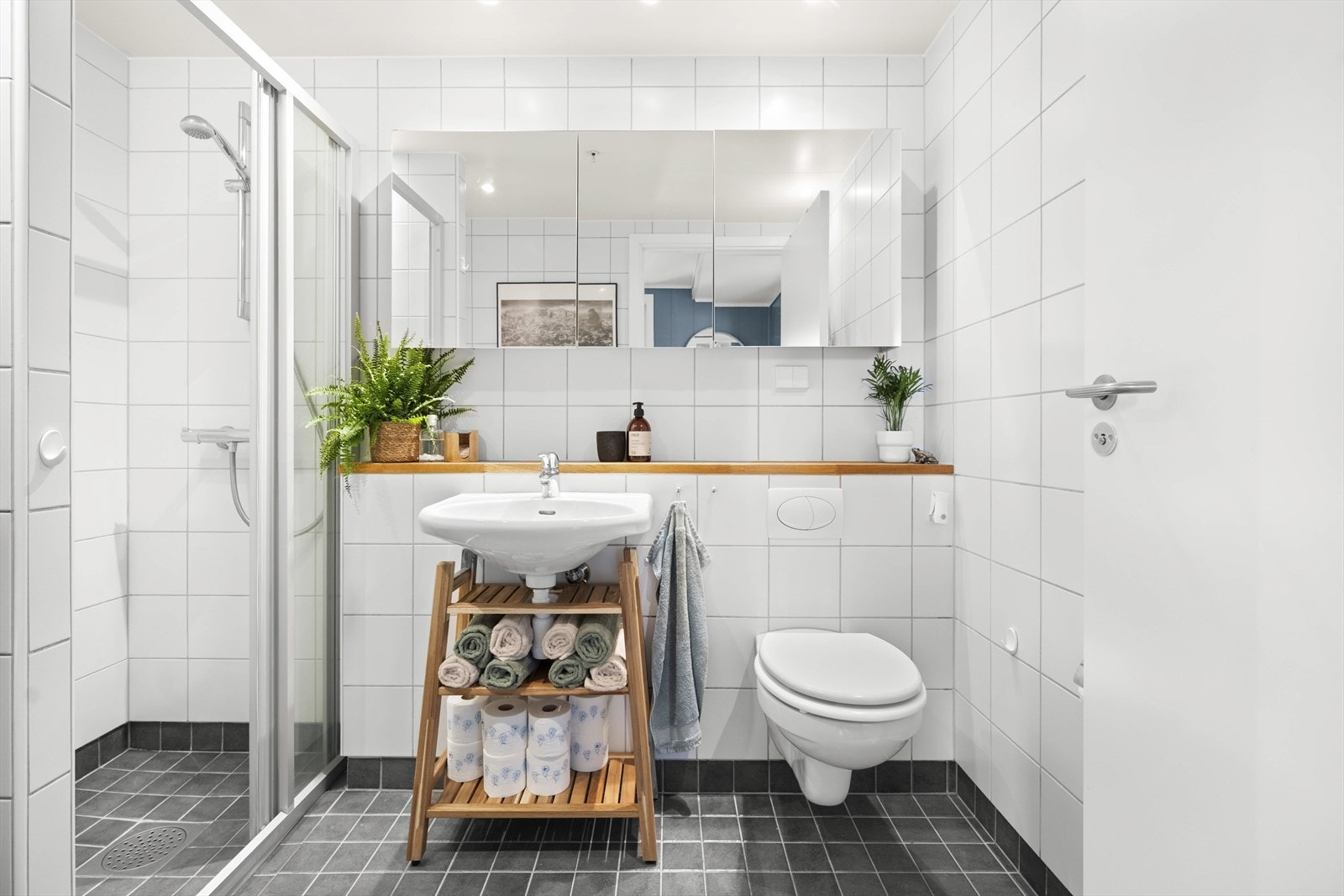 Innredningen består av servant, speilskap, vegghengt toalett og dusjsone Galleribilde