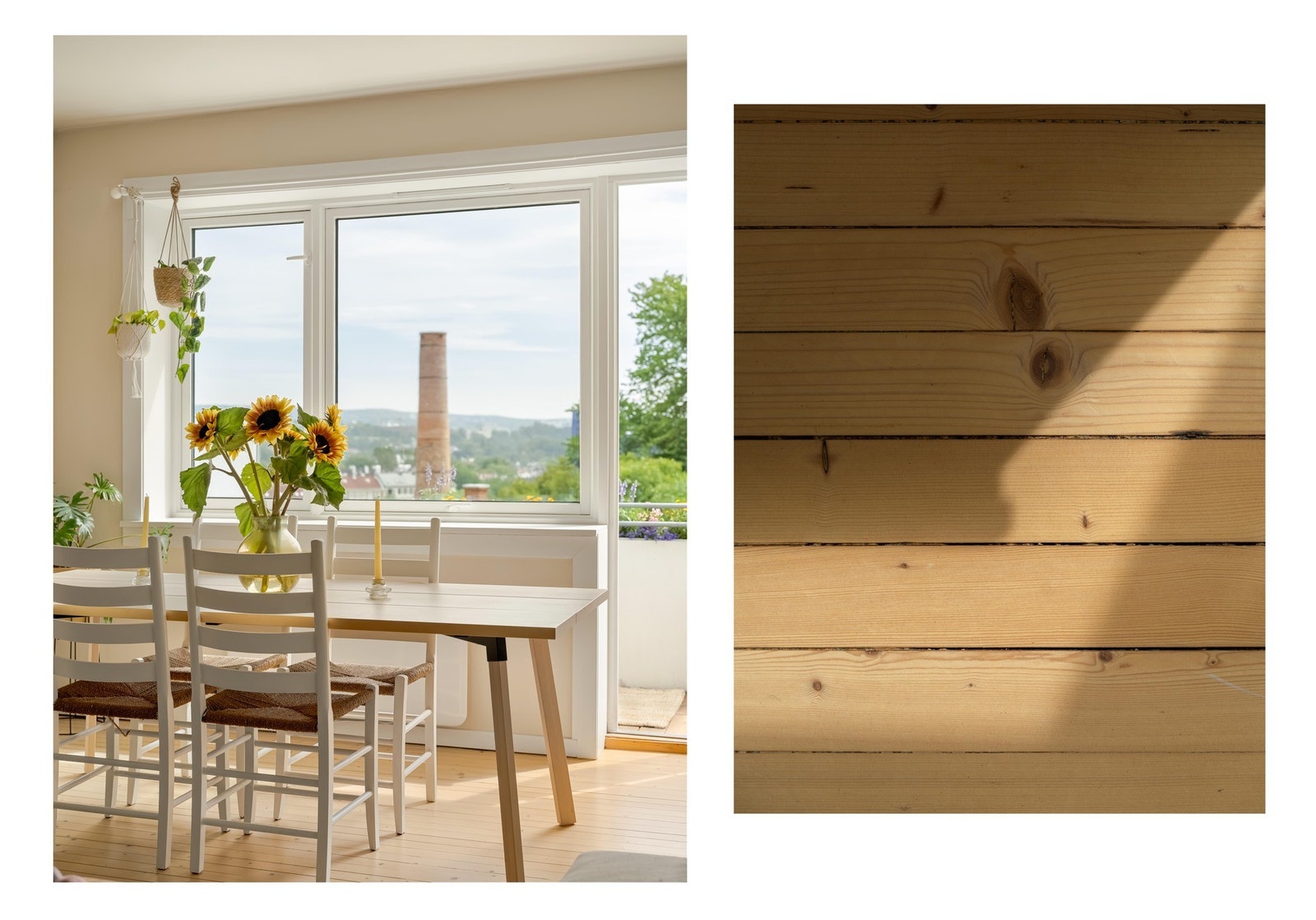 Ved vindusrekken finner spisebordet sin naturlige plass. Legg også merke til det originale tregulvet, som ble slipt og behandlet i 2021. Galleribilde