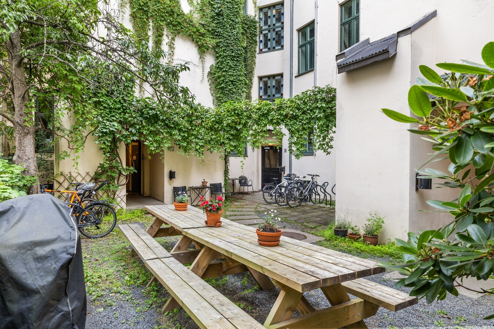 Bakgården er koselig med flere sittegrupper for felles bruk. Galleribilde