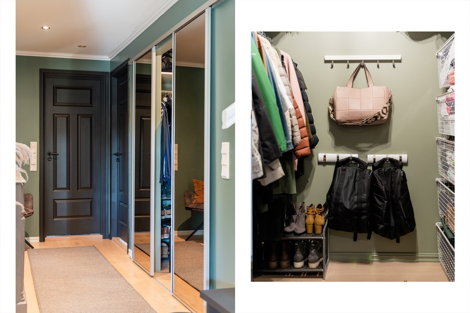 Garderobe bak store speil, wc rett frem og vaskerom inn til høyre. Galleribilde