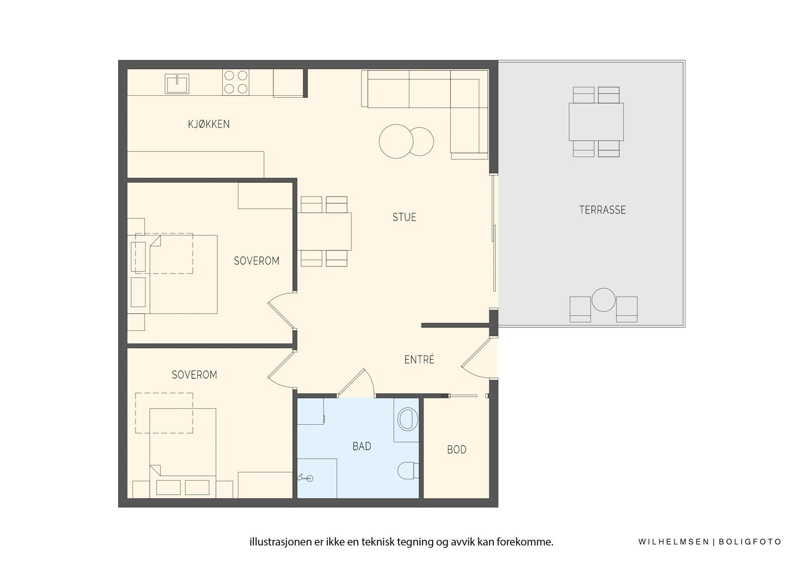 - Planløsning. I tillegg til innvendig bod medfølger det ekstern bod på 5 kvm i underetasje - Galleribilde