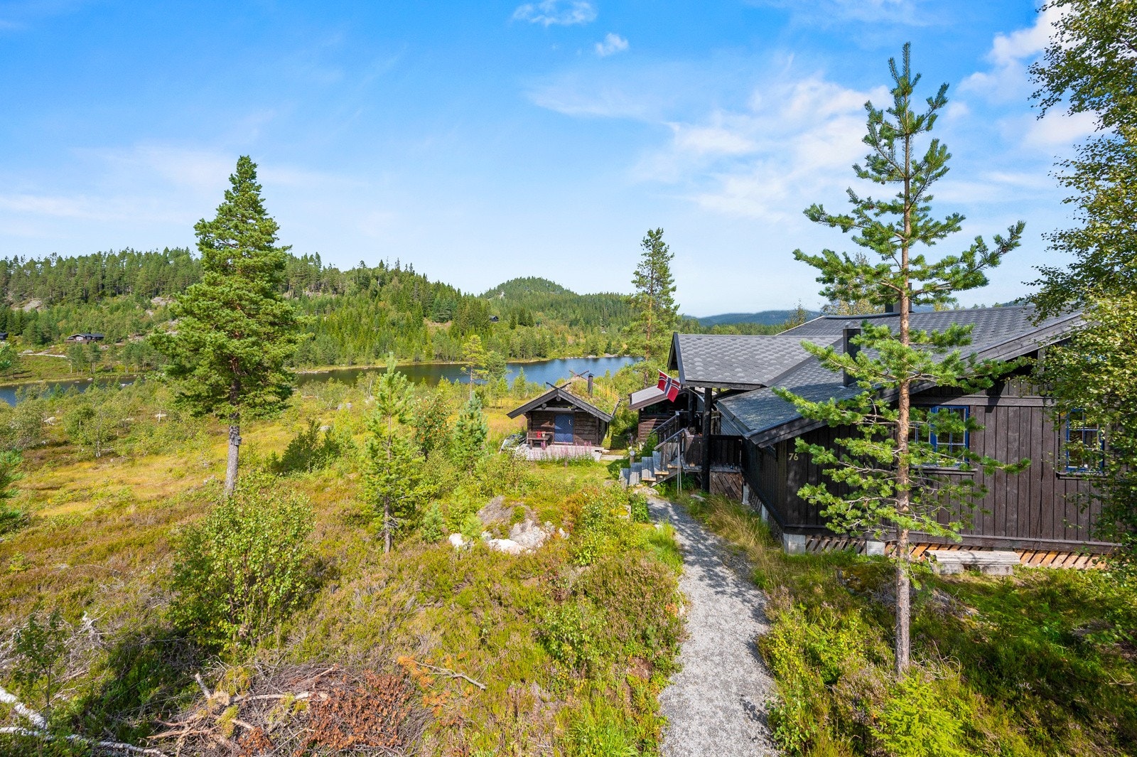 Det er kjørevei helt frem og tilhørende parkering like ved hytta. Galleribilde