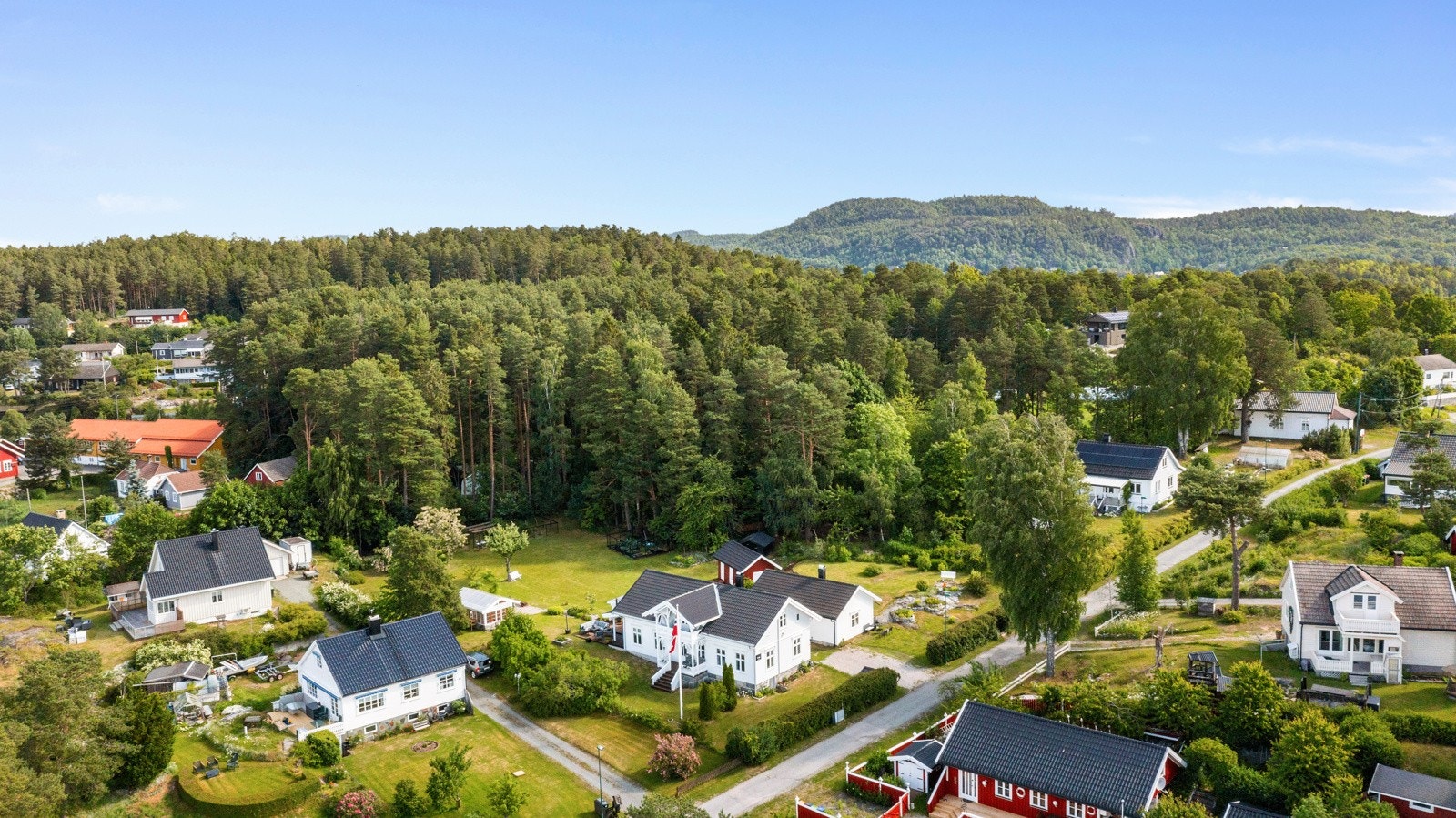 Tomten grenser mot skogen, og oppleves som en liten oase med store plenarealer, flaggstang, hekker, trær, kjøkkenhage og diverse beplantning Galleribilde