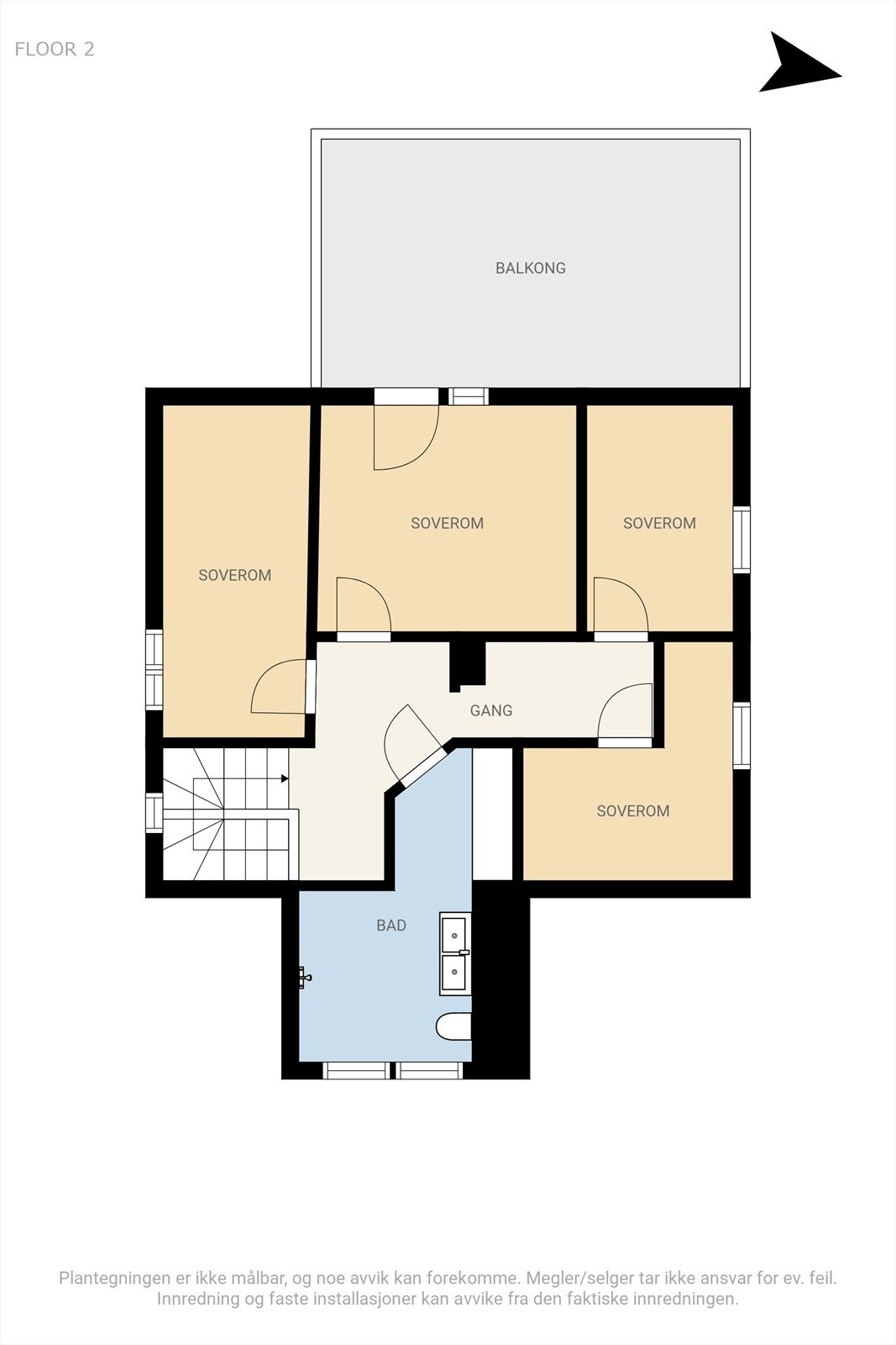 Plantegning 2. etasje med fire soverom, bad og utgang til balkong på 24m². Galleribilde