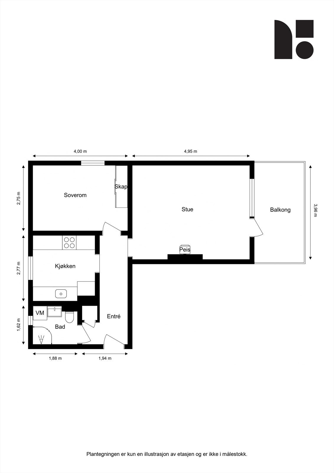 Effektiv planløsning med naturlig flyt mellom entré, stue, kjøkken og soverom. Galleribilde