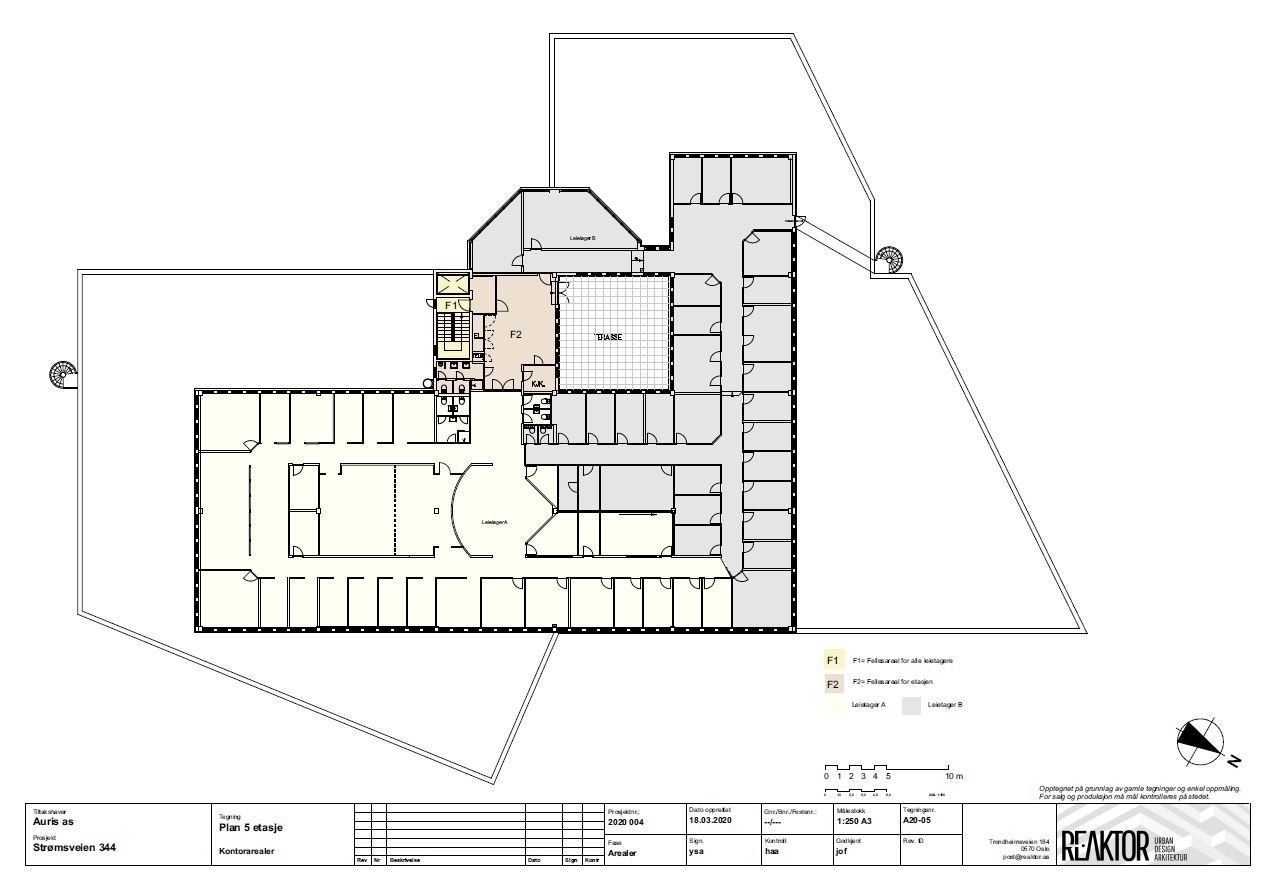 Plantegning av femte etasje. Arealene kan deles opp til flere brukere. Øvre del langs takterrasse er ledig. Galleribilde