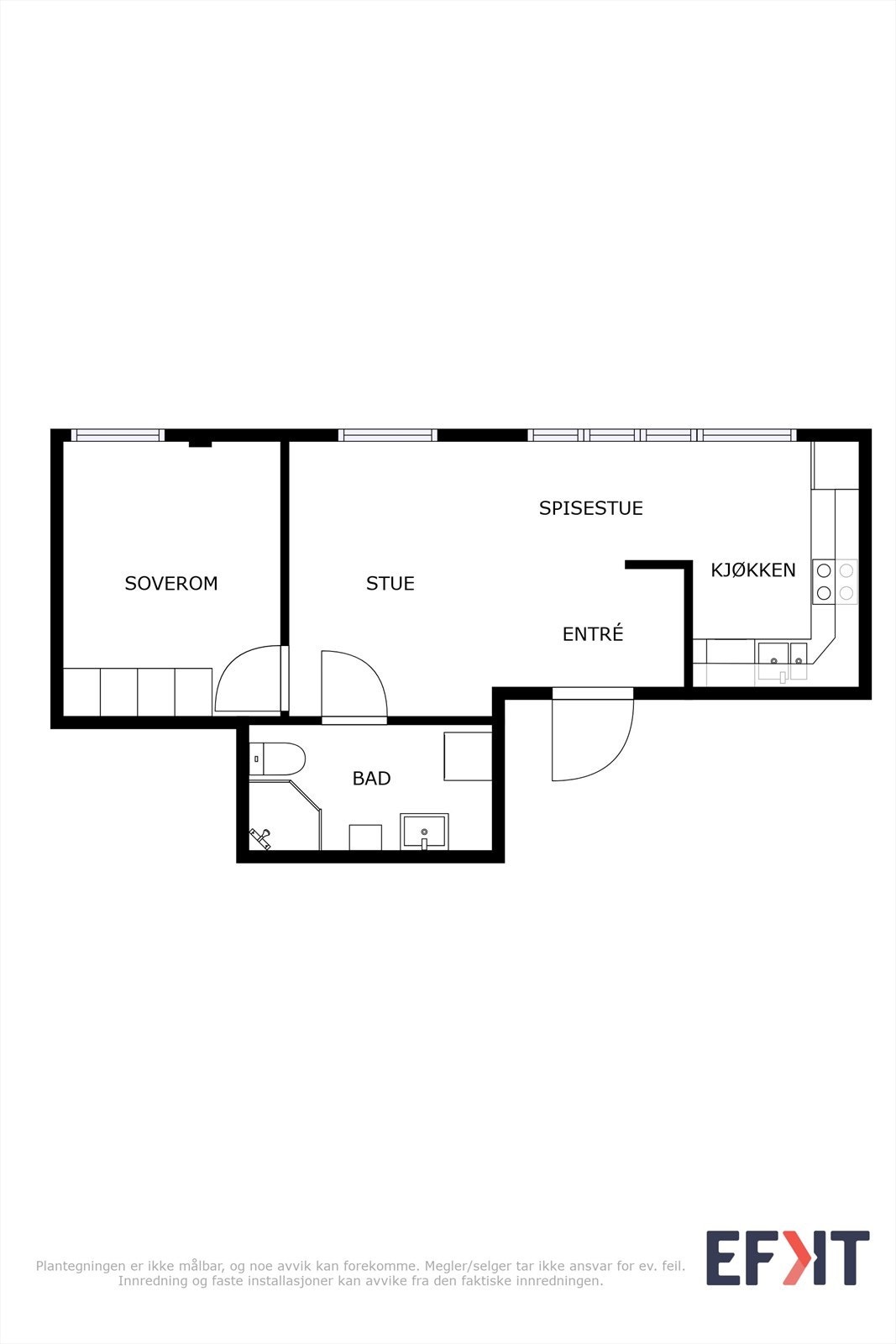 Plantegning. Soveromsvindu er flyttet, og stort vindu i stue er blendet igjen siden plantegning ble laget. Galleribilde