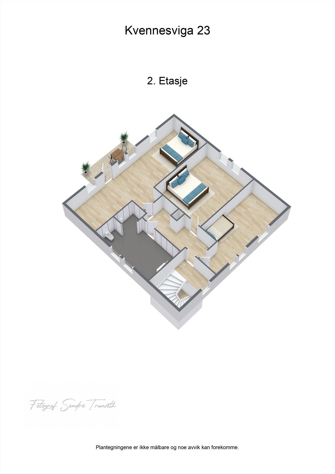 Planløsning 2.etg.: mellomgang, 3 stk. soverom hvorav tilkomst til balkong fra hovedsoverom, samt bad. Galleribilde