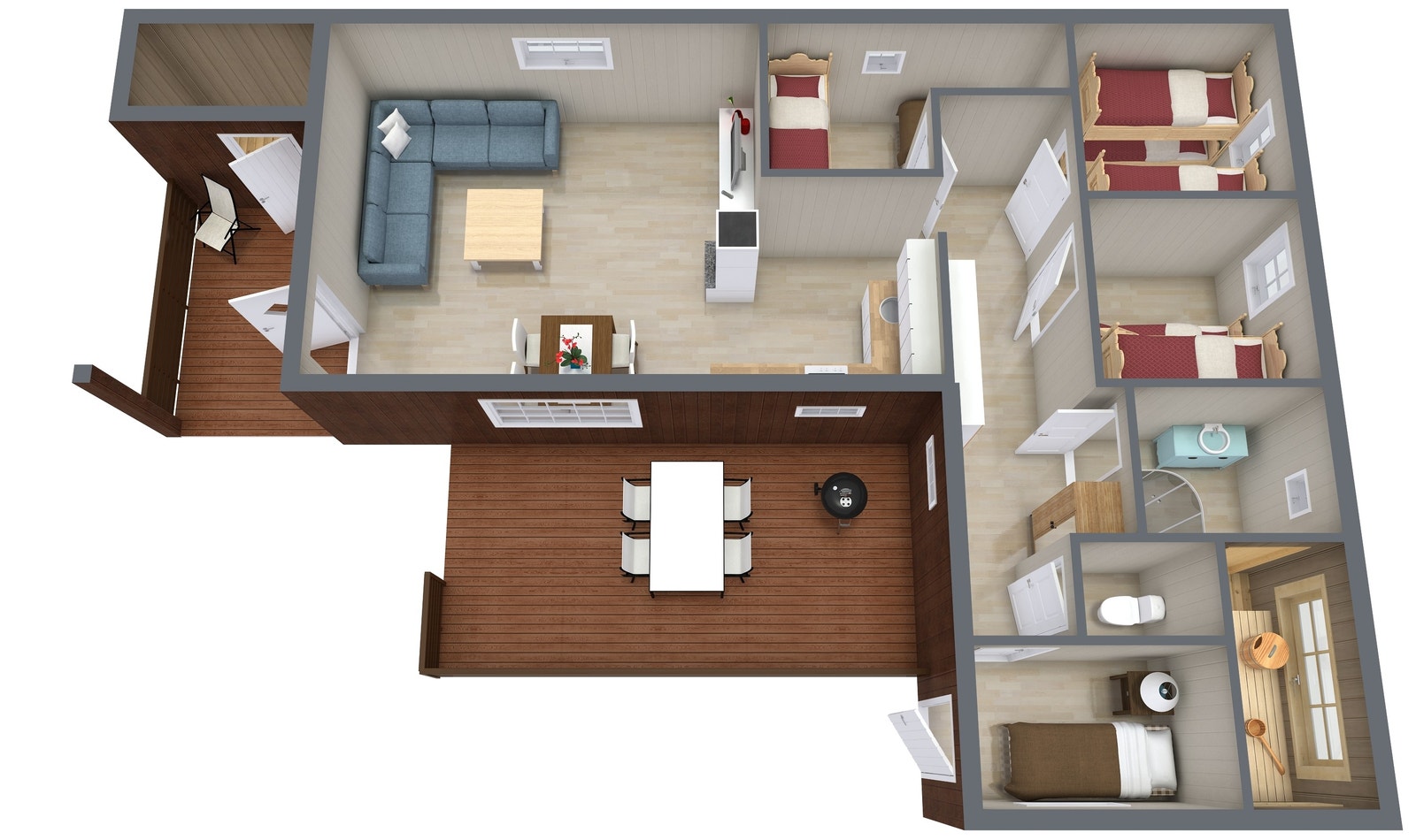 Alternativ planløsning med mulighet for blant annet badstue og hems. Galleribilde