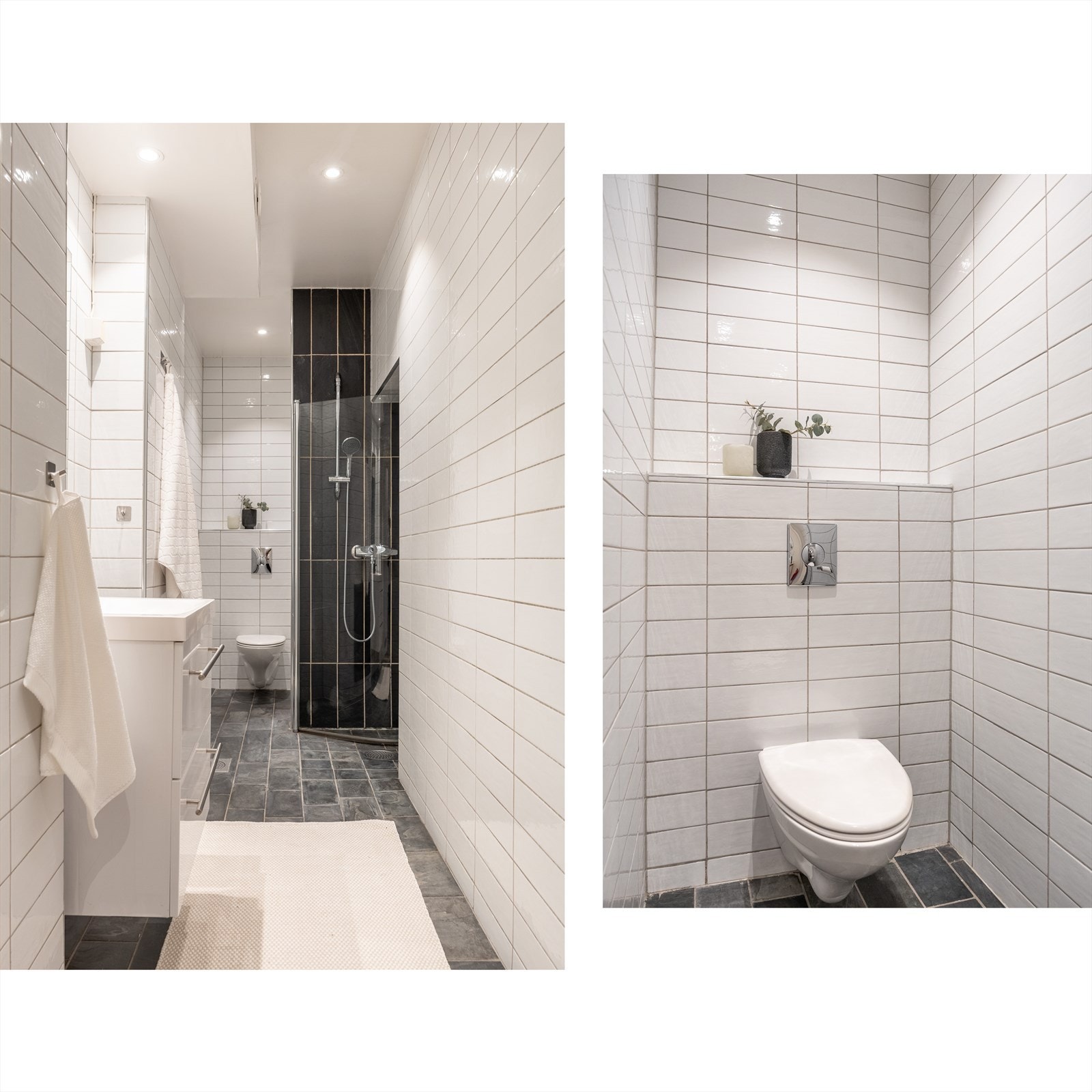 Baderommet er utstyrt med servant med innredning, dusj med innfellbar dør i herdet glass og veggfestet klosett Galleribilde