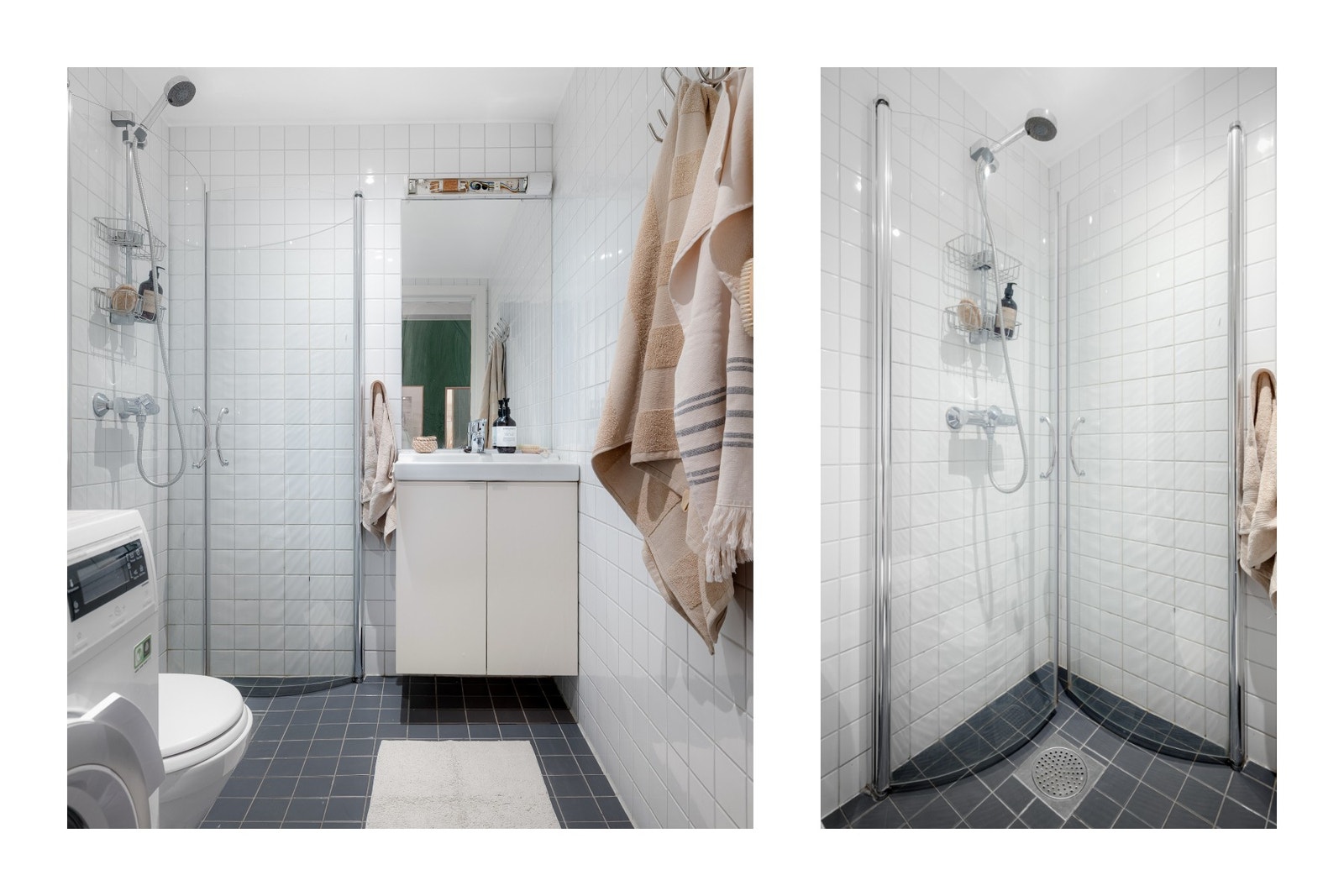 Badet er innredet med dusjhjørne med innfellbare glassdører, dusjbatteri og hånddusj. Opplegg for vaskesmaskin Galleribilde