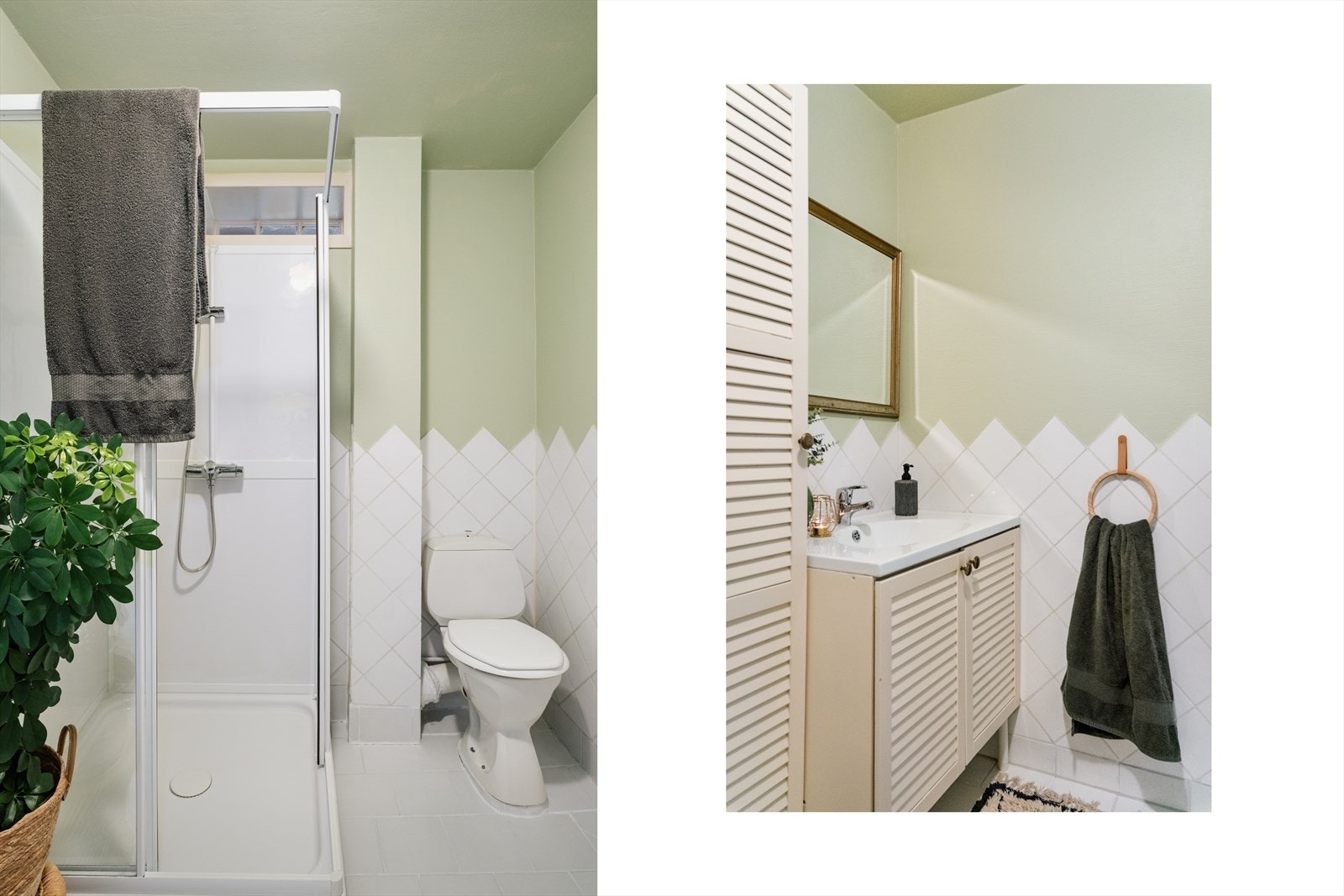 Badet er innredet med håndvask med underskap, dusjkabinett og gulv montert wc. Leiligheten har eget vaskerom i kjeller med opplegg til vaskemaskin. Galleribilde