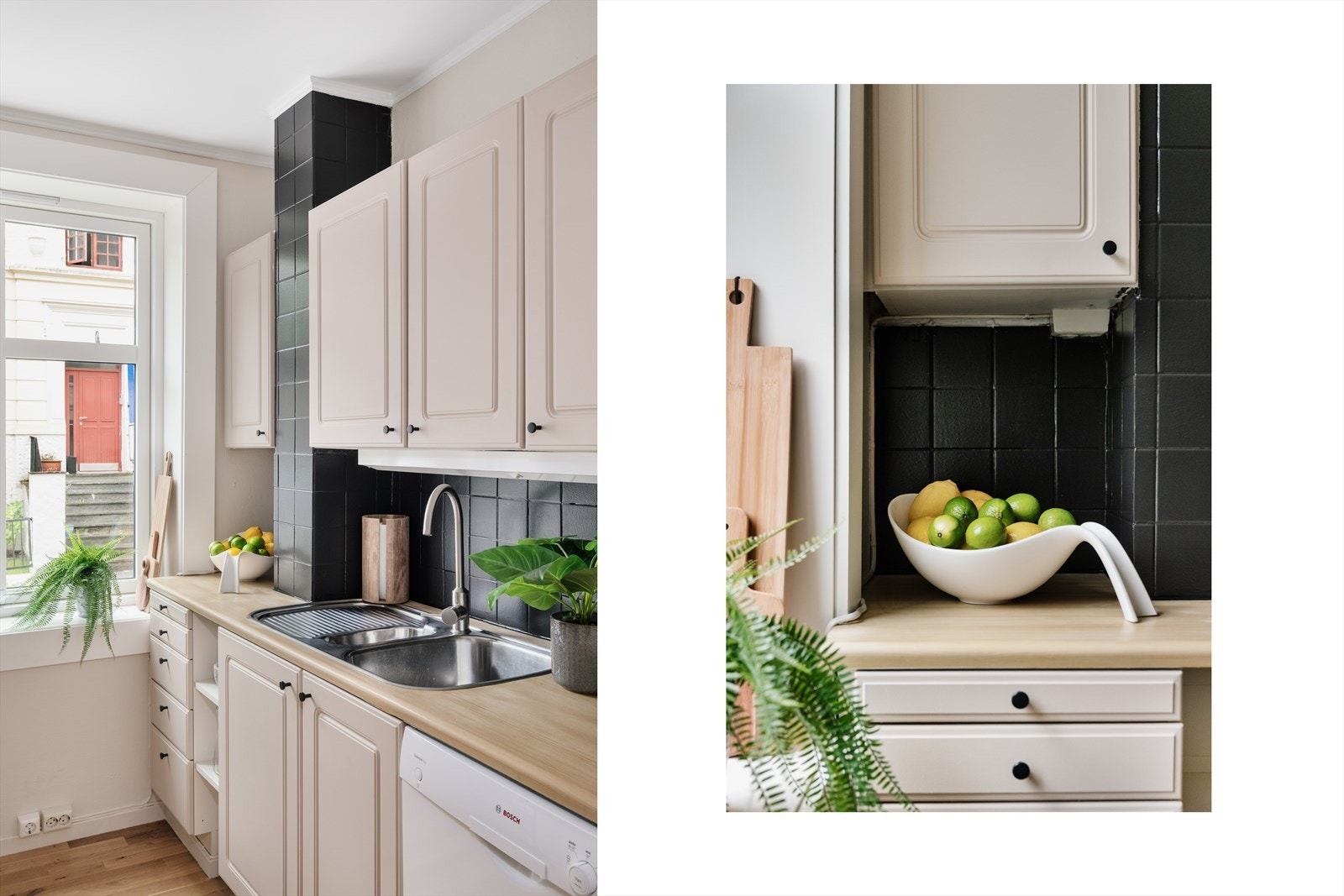 Kjøkken med profilerte fronter, keramiske steinfliser mellom over/ underskap og laminert benkeplate. Her har du godt med skap - og benkeplass. Galleribilde