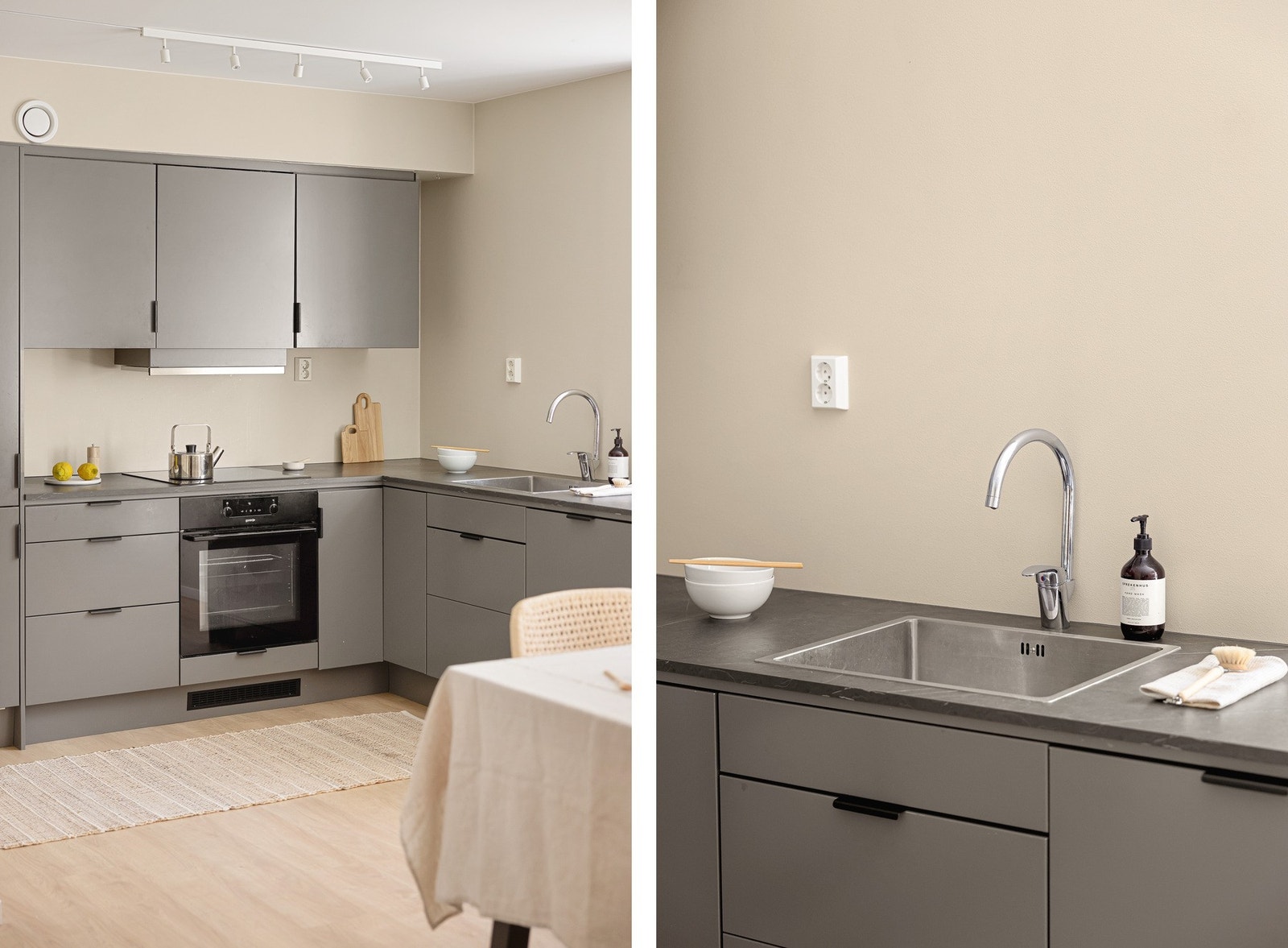 På kjøkkenet er det integrert oppvaskmaskin, stekeovn, platetopp, ventilator og kjøl/fryseskap. Galleribilde