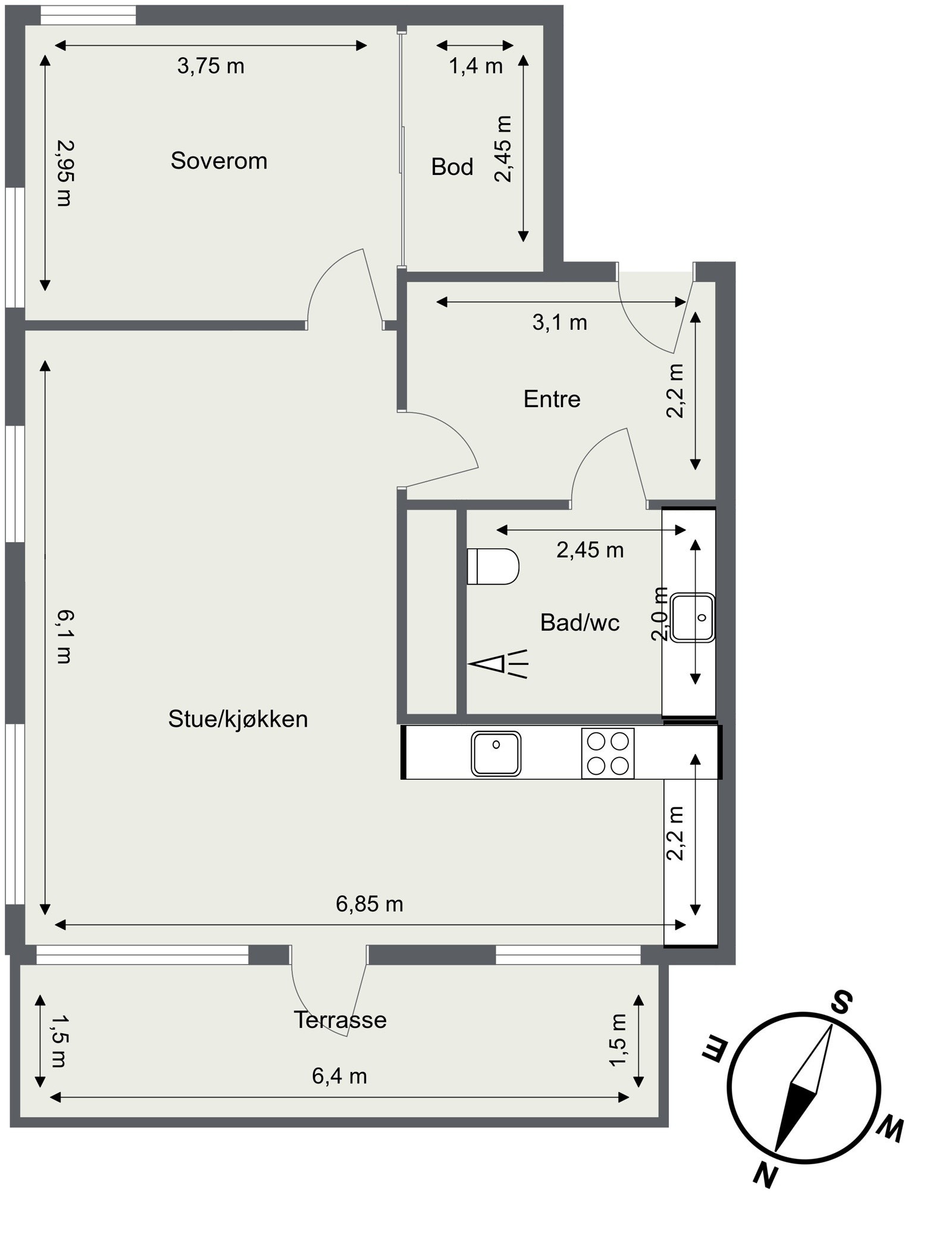 Planløsning: entré/gang, bad, stue, soverom med walk-in/bod og kjøkken i åpen løsning med utgang til terrasse. Galleribilde