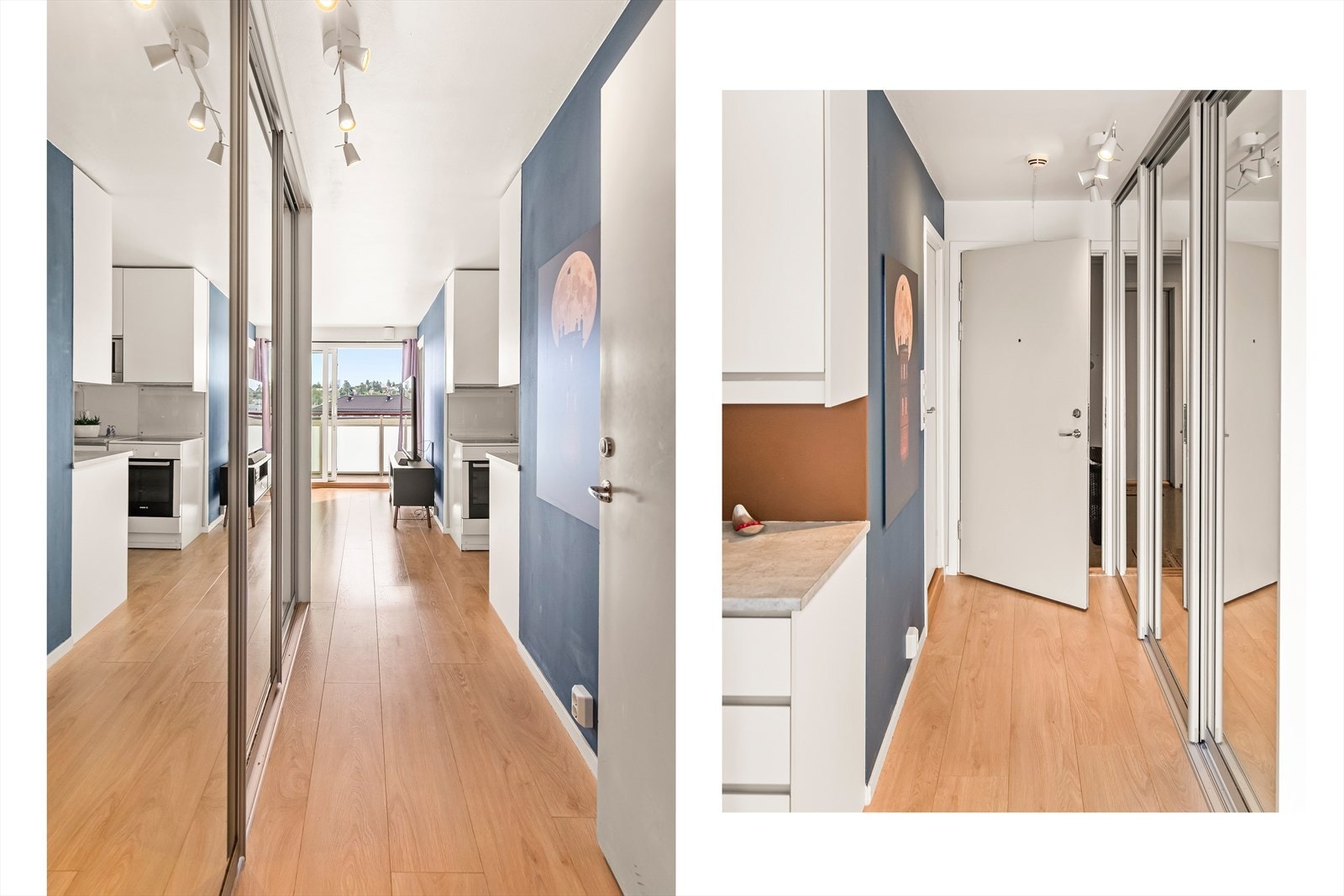 Du ønskes velkommen inn i en lys og praktisk entré. Her gir en stor speil-skyvedørsgarderobe rikelig med oppbevaringsplass for yttertøy og sko, samtidig som den skaper en god og luftig romfølelse. Galleribilde