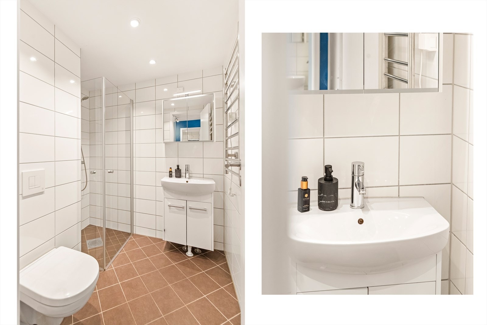 Innredningen består av et moderne dusjhjørne med glassdører, vegghengt toalett, servant med underskap, speilskap og en praktisk håndkletørker. Galleribilde