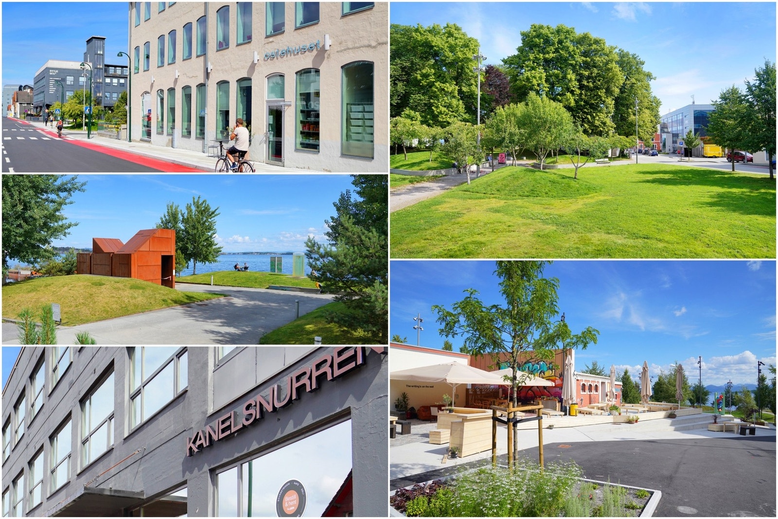 Like ved finner du blant annet Ostehuset, park, badeplass, Kanelsnurren og Ølbaren Øst med uteservering Galleribilde