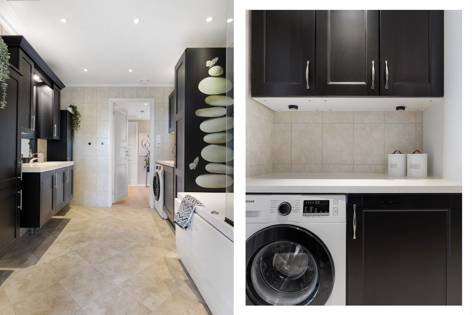 Badet har servant med møbel, speil og belysning, vegghengt toalett, dusj med glassvegg og nytt garnityr (2023), badekar, opplegg for vaskemaskin, praktisk innredning med skap og laminat benkeplate, rør-i-rør system med skap, samt avtrekksventil i himling Galleribilde