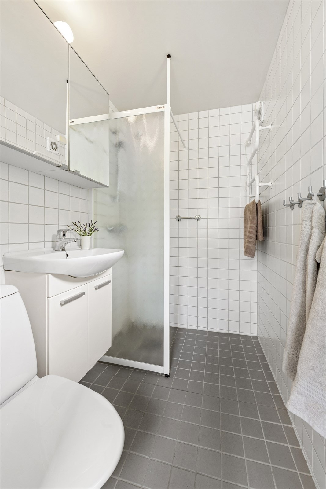 Bad i 1. etasje med servantinnredning, speilskap, dusjhjørne og toalett Galleribilde