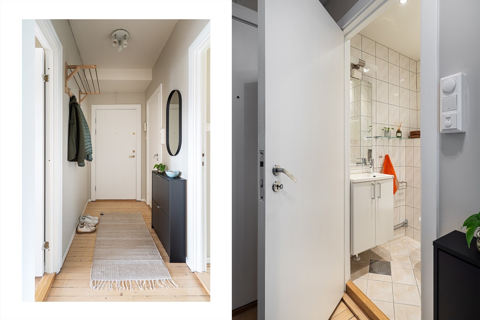 Entré med plass til oppbevaring av yttertøy og sko. Inngangsdøren ble malt innvendig i 2025. Galleribilde