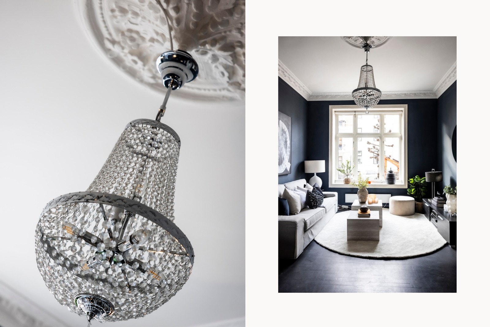 Klassiske detaljer som rosett, stukkatur, god takhøyde og store vindusflater Galleribilde