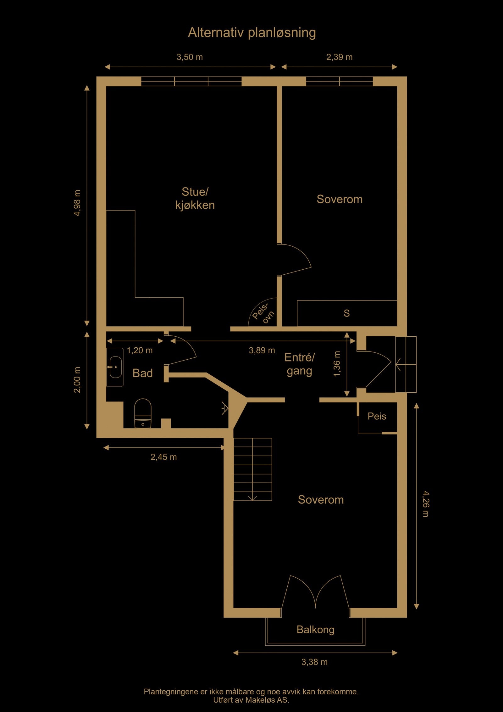 Alternativ plantegning hvor kjøkkenet flyttes ut i stuen for å opprette ekstra soverom Galleribilde