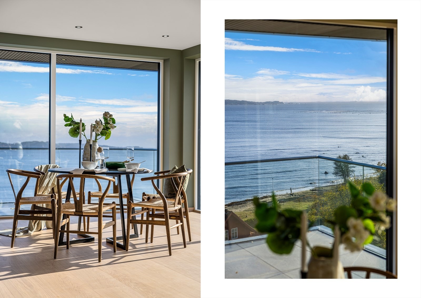 Stuen er lys og luftig med panoramavinduer på fire sider som trekker utsikten visuelt inn i rommet. Galleribilde