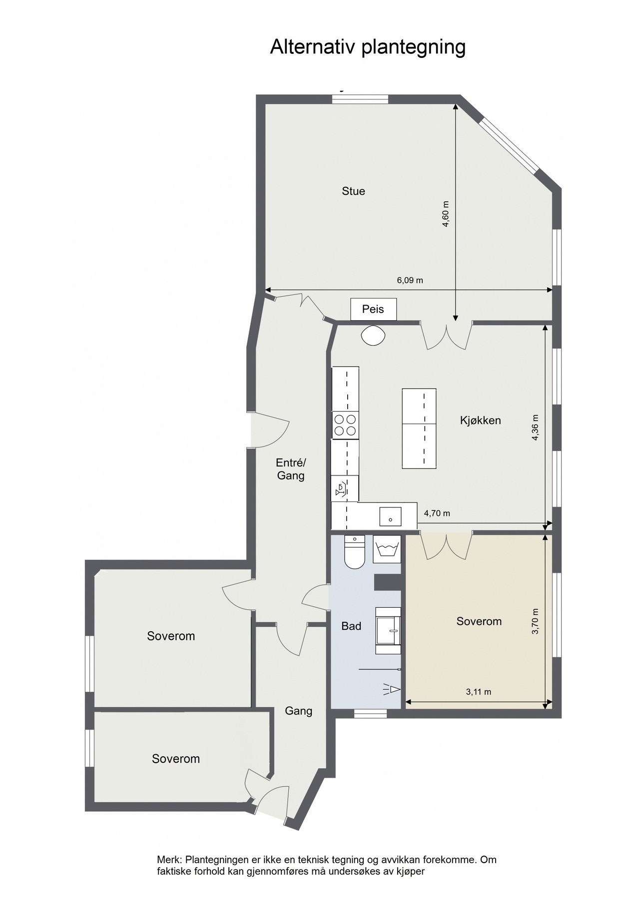 Alternativ plantegning 2 (Selger har lukket igjen gammel inngangsdør til dagens barnerom og her er det foreslått å åpne opp igjen). Galleribilde