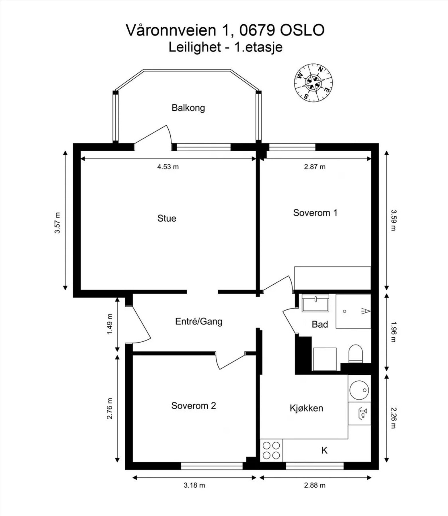 Planskisse. Leiligheten disponerer i tillegg loftsbod og kjellerbod. Galleribilde