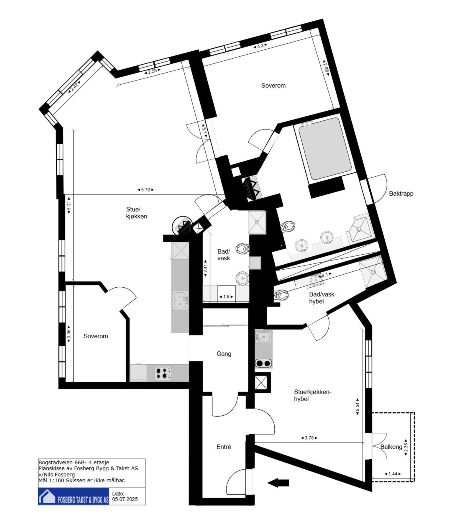 Plantegning. Leiligheten disponerer en kjellerbod på ca. 15 kvm, samt en bod i baktrappen på ca. 1,8 kvm. Galleribilde