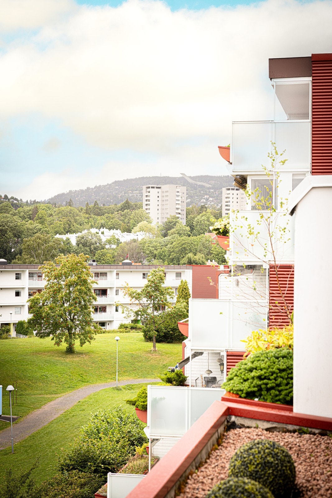 Utsikt mot grønne fellesarealer og Holmenkollåsen i bakgrunnen - et fredelig blikkfang Galleribilde