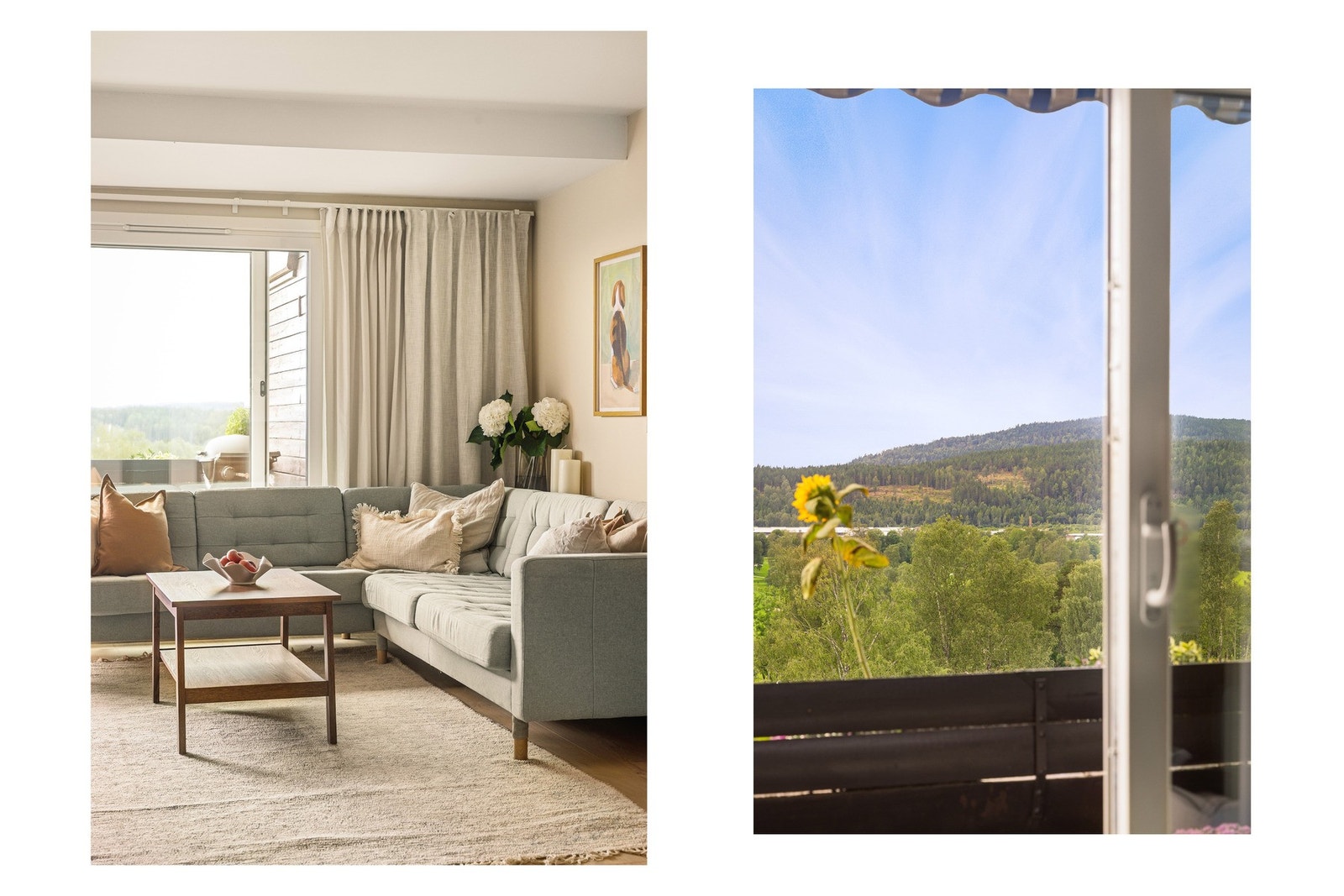 De store vinduene gjør at leiligheten oppleves som lys og trivelig. Vinduene er for øvrig fra 2017. Galleribilde