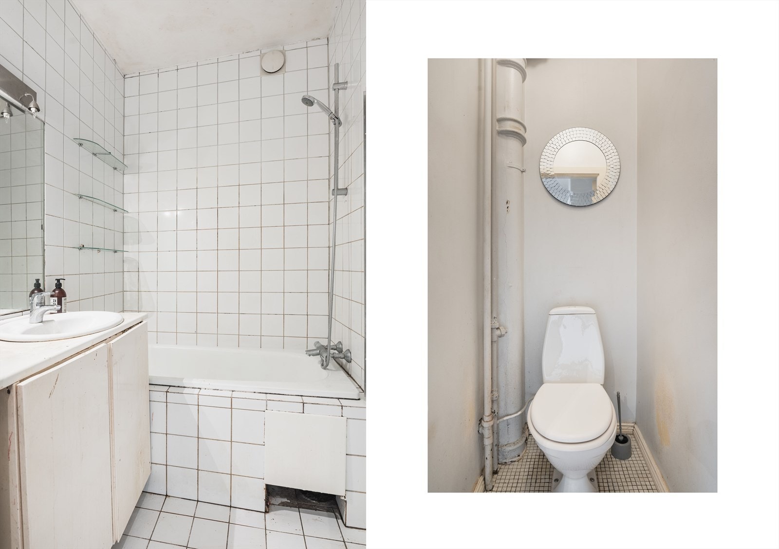 Flere seksjoner har åpnet mellom bad og toalettrom for å oppnå en mer praktisk og helhetlig planløsning Galleribilde