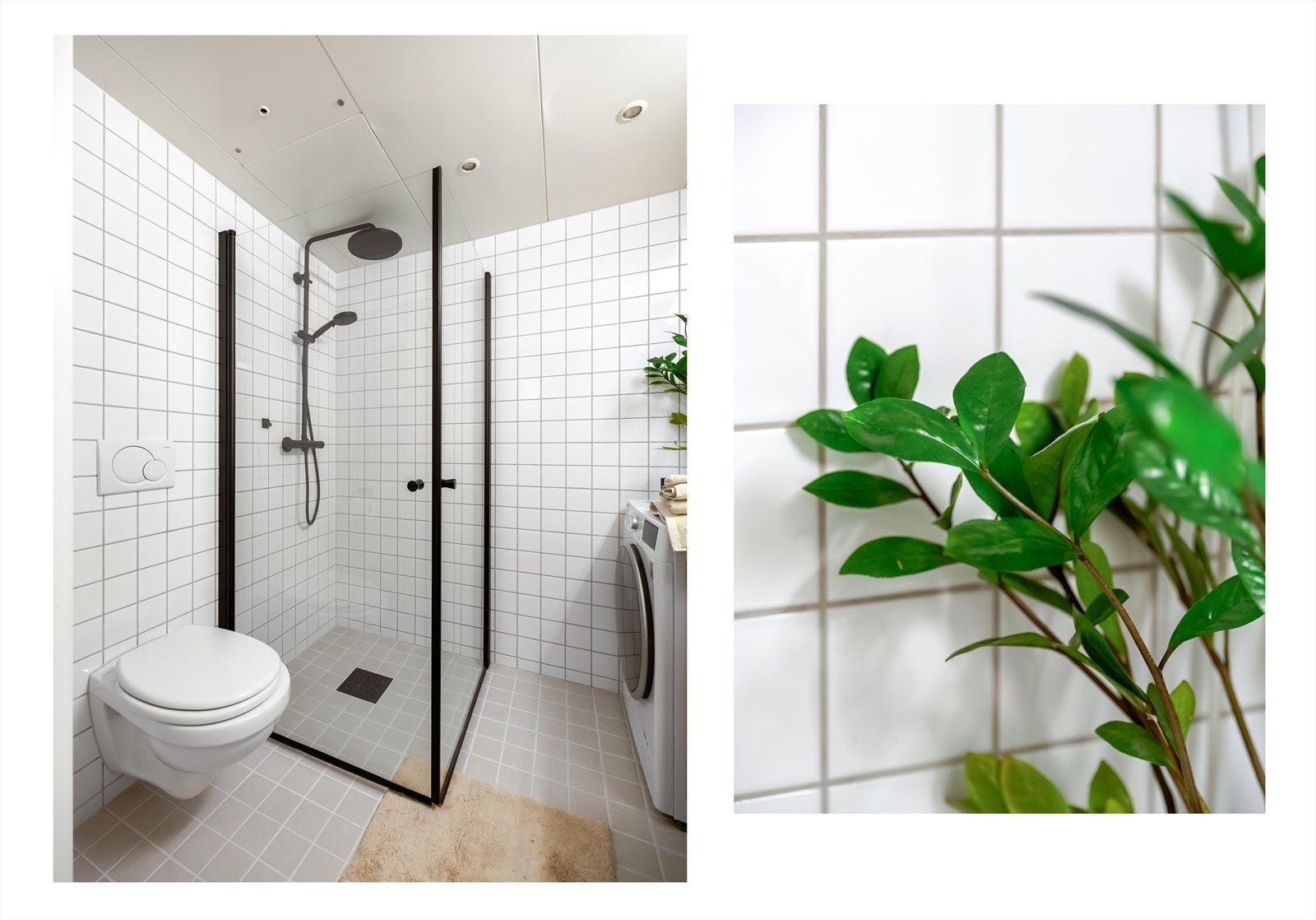 Badet er flislagt i lyse og moderne farger. Galleribilde