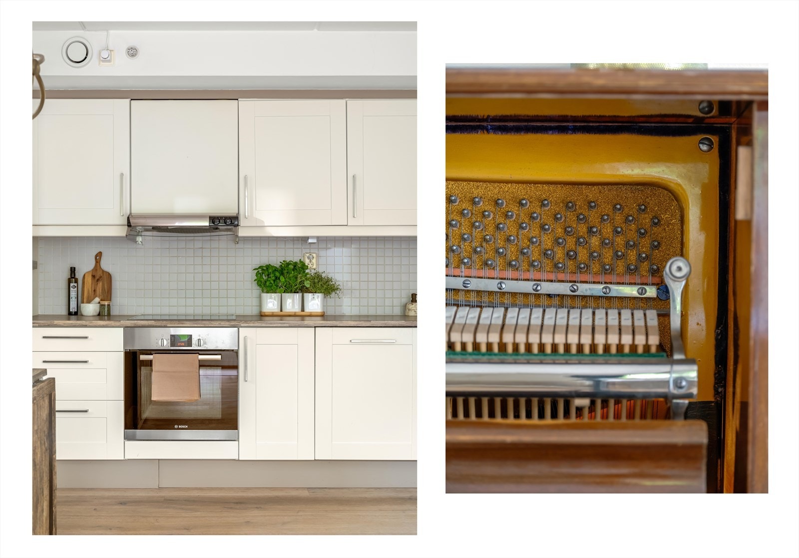 Innredningen består av over- og underskap, laminert benkeplate med nedfelt vask og platetopp. Det er malte slette vegger med fliser mellom over og underskap, malt slett himling og laminat på gulvet. Galleribilde